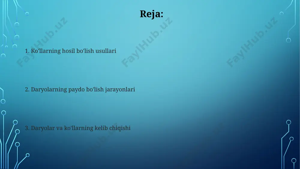ikdagi suv sathi, uning qad. ponto-kaspiy dengizi bilan genetik bog'liqligini va hozirgi ko'rinishini shakllantiruvchi geografik omillarni ko'rsatadi. daryolarning 70% dan ortig'i tog'lardan boshlanib, eroziya jarayonlari natijasida 1000 m dan yuqori balandlikdagi tektonik yoriqlar orqali oqadi, masalan, amudaryo va sirdaryo. tektonik faoliyat va yer yuzasining siljishi tektonik plitalarning harakatlanishi natijasida, masalan, afrika va arabiston plitalarining toʻqnashuvi natijasida, taxminan 20 million yil avval ulugʻ rift vodiysining hosil boʻlishi koʻplab koʻllar, jumladan, tanganika koʻlining paydo boʻlishiga sabab boʻlgan. himalaya togʻlari hududidagi kuchli tektonik faoliyat natijasida, 50 million yildan ortiq vaqt davomida, yer yuzasining koʻtarilishi va egilishi natijasida, gang va brahmaputra daryolari kabi ulkan daryo tizimlari shakllangan. inson faoliyati va suv havzalari orol dengizi havzasida paxta yetishtirish uchun 20-asrning o'rtalaridan boshlab suvning haddan tashqari iste’mol qilinishi amudaryo va sirdaryo daryolarining suv sathlarini sezilarli darajada pasaytirdi, bu esa orol dengizining qisqarishiga olib keldi. xitoyning yangtse daryosi bo'yida qurilgan uchta yirik ges – xitoyning uchta yirik …