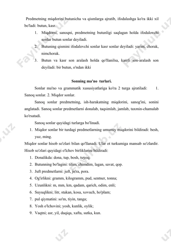, kesim bo'lib keladi. -dan qo'shimchasini olib, kirish so'z vazifasini bajaradi. tartib sonlar ba'zan daraja, nav, tur ma'nolarini bildirib keladi: 1-sinf haydovchisi, 2-nav un, 1-tur o'yinlari. sonning tuzilish jihatdan turlari. sonlar tuzilishiga ko'ra 3 xil: 1) sodda sonlar; bir, ming, ellik. 2) murakkab sonlar: bir ming to'qqiz yuz ellik. 3) juft sonlar: besh-olti, o'ttiz-qirq, ming-ming. adabiyotlar ro'yxati 1. i.a.karimov. barkamol avlod-o'zbekiston taraqqiyotining poydevori. toshkent, 1997 yil 2. u.tursunov, n.muxtorov, sh.rahmatullayev. «hozirgi o'zbek adabiy tili» 1992 yil 3. a.abduazizov. «o'zbek tili fonologiyasi va morfologiyasi» toshkent, 1992 yil 4. s.rahimov, b.umurqulov, «hozirgi o'zbek-adabiy tili» toshkent, 2001 y 5. s.rahimov, b.umurqulov, «hozirgi o'zbek adabiy tili» toshkent, 2003 y 6. sh. shoabdurahmonov, m.asqarova, a.hojiyev. «hozirgi o'zbek adabiy tili» ii qism. toshkent, «o'qituvchi» nashriyoti, 1980 yil 7. a.g'ulomov, a.n. tixonov, r. kungurov. «o'zbek tilimorfem lug'ati» toshkent, 1977 yil 8. www.ziyonet.uz