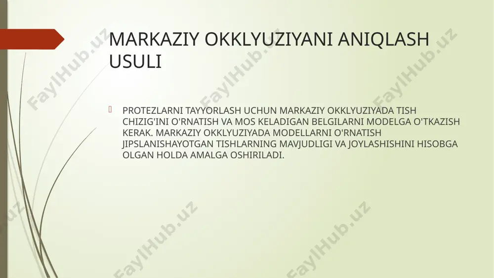 burun o'tuvining tagidan i̇yakning pastki qismigacha bo'lgan masofalarning tengligiga asoslanadi. ανατομo-funktsional usul dam olishda pastki jag yopilgan lablar bilan bir oz pastga tushadi, tishlar orasida 2-3 mm bo'shliq paydo bo'ladi, bemor bilan suhbat chog'ida burun poydevori va iyakning chiqadigan qismiga nuqtalar qo'llaniladil suhbat oxirida pastki jag fiziologik dam oush holatida bo'lganda, chizilgan nuqtalar orasidagi masofa o'lchanadi. keyin ogizga tishlash roliklari bilan mum asoslari̇ kiritiladi, bemor og'zini yopadi, ko'pincha markaziy okklyuziyada va ikki nuqta orasidagi masofa yana o'lchanadi, dam olish balandligidan 2-4 mm kamroq bo'lishi kerak. agar yopilganda, masofa dam olish holatidan kattaroq yoki unga teng bo'lsa, u holda yuzning pastki qismining balandligi oshirilsa, ortiqcha mumni pastki rulodan olib tashlash kerak. agar yopilganda, 2-4 mm dan kamroq masofa olingan bo'lsa, unda yuzning pastki qismining balandligi kamayadi va rulonga mum qatlami qo'shilishi kerak. keyin og'izga tishlash valiklari bilan mum asoslari kiritiladi, bemor og'zini yopadi, ko'pincha markaziy okklyuziyada va ikki nuqta orasidagi masofa …