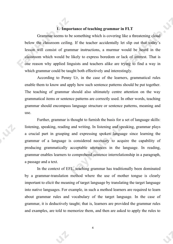 f grammar helps learners reduce their incorrect grammatical structure. the rule-law argument-the teaching of grammar offers teachers a structured system that can be taught and tested in methodical steps. it allows learners to experience the language through communication. the learner-expectation argument- the teaching of grammar provides students with learning experience more efficient and systematic. in the case of teaching grammar to efl learners, a teacher may feel frustrated when learners are taught grammatical items separately. students may become good at grammar; however, when told to write and speak, they often make grammatical mistakes. this case is very challenging to solve. teaching grammar is not a ‘one size fits all’ experience. as teachers, we have the freedom to choose how we present and teach new language, we can change our minds if we find that the approach we originally chose isn’t working. for example, we can use ppp approach: in this …