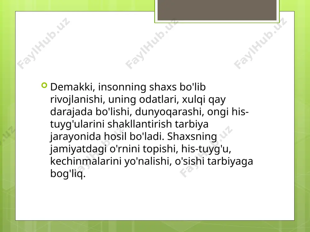 . lekin har bir ota-ona tarbiya avvalo oiladan boshlanishini anglab yetishi kerak,. bolaning qanchalik bilimli, lider bo'lib yetishishi,kelajakda yuksak marralarni zabt etishi uning yoshligida oladigan tarbiyasiga bog'liqdir.buning uchun ota-ona doimo maktabgacha ta'lim tashkilotlari bilan hamkorlikda faoliyat olib borishi, kerak bo'lsa oilada ona pedagog bo'la olishi lozim. maktabgacha ta'lim tashkilotida ta'lim jarayonining asosiy prinsiplariga maktabgacha ta'lim tashkilotining oila, mahalla va maktab bilan hamkorligining kirishi2 ham bu jarayonning qanchalik muhim ekanligining yaqqol isbotidir.ota-onalar bola tarbiyasiga jiddiy e'tibor berib o'z bolalarini qanday insonlar bo'lib yetishib chiqishini nazardan chetda qoldirmasliklari kerak. foydalanilgan adabiyotlar п.юсупова-мактабгача тарбия педагогикаси-тошке kuznetsova sv,. k73 maktabgacha tarbiyachilarning ijodiy qobiliyatlarini rivojlantirish: uslubiy qo'llanma-2010.нт 1993-246 б . caлойдинов, c. к. (2021). образовательные кредиты в узбекистан oila psixologiyasi uchun tayyorladi: tohirova zuhbar muhammadsodiq qizi /docprops/thumbnail.jpeg