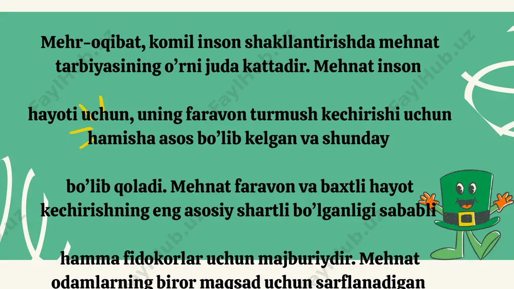a tarbiyalash bilan kasb-hunar egallashga da’vat ham asosiy o’rinni egallaydi. “hunar o’rgatish uchun ham hunar kerak, hunar yoshdan, aql boshdan, kasbi yaxshining asabi yaxshi. qunt bilan o’rgan hunar, hunardan rizqing unar. yigit kishi er bo’lur, mehnat qilsa sher bo’lur” kabi mazmunli maqolllardan xalqimiz bolalarni tarbiyalash vositasi sifatida foydalanadilar. mehnatkash xalq ijod qilgan maqollar mehnatni, o’zaro yordam va hamjihatlikni ulug’laydi lirika - lira deb atalgan qadimgi yunon musiqa asbobining nomidan olingan bo‘lib, badiiy adabiyotda inson his-tuyg‘usini, ichki kechinmalarini ifodalovchi asarlar nazarda tutiladi. epos - yunoncha “epos” - rivoya, hikoya, qo‘shiq so‘zidan iborat bo‘lib, badiiy adabiyotda voqea, hodisani bayon qilish, hayotiy lavhaning tafsilotlarini ifodalash ma’nosini anglatadi. drama. yunoncha “drama” so‘zidan olingan bo‘lib, harakat, tanglik, mushkullik ma’nolarini bildiradi. badiiy adabiyotda “drama” so‘zidagi harakat ma’nosi asos qilib olingan va muayyan voqea-hodisani sahnada harakat orqali ifodalash tushunchasi nazarda tutiladi. afsona fors tilidan olingan bo‘lib, ma’no mohiyatida ikki tushuncha yetakchilik qiladi: 1 - biror voqeani, lavhani …