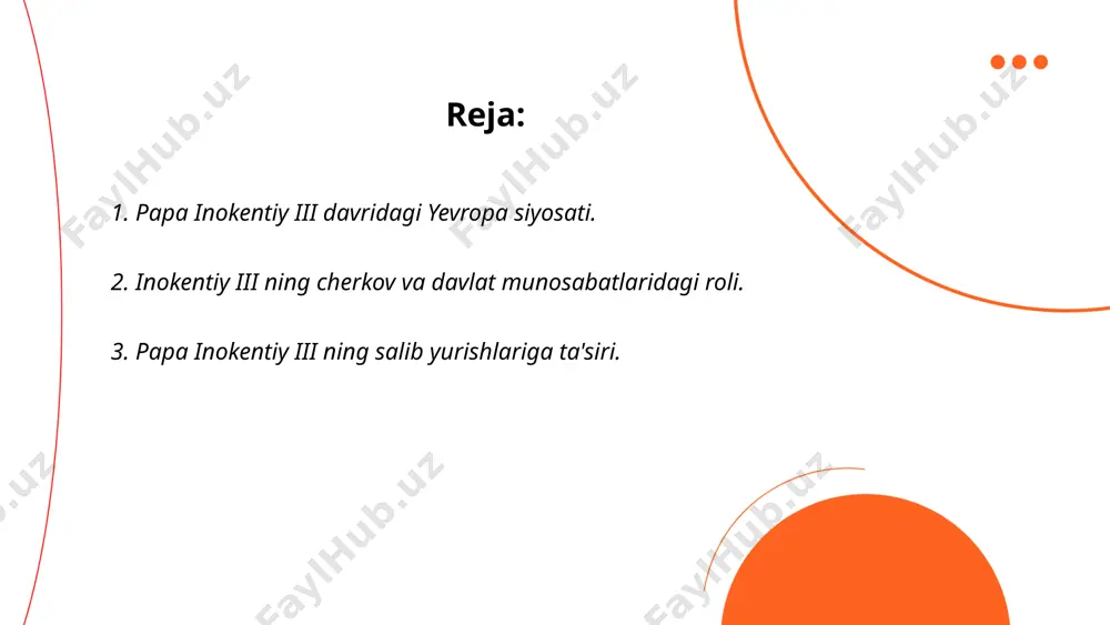i. u cherkovning nazariy jihatdan davlat ustidan hukmronligini targ'ib qilgan va papalikning siyosiy kuchini kengaytirgan. ... t.me/slaydai_bot papa inokentiy iii (1161-1216) salib yurishlariga katta ta'sir ko'rsatgan. u 1198 yilda papa sifatida saylanganidan so'ng, salib yurishlari harakatini jonlantirish uchun yangi kuch va energiya bilan ish boshladi. inokentiy iii to'rtinchi salib yurishini (1202-1204) tashkillashtirishda muhim rol o'ynagan va bu yurishda konstantinopol egallangan. papa inokentiy iii, shuningdek, 1208 yilda albigenschilar urushini boshlab, ularni bid'at deb atagan. uning davrida cherkovning siyosiy va ma'naviy ta'siri kuchaygan. inokentiy iii davrida, xristian olamining birligini ta'minlash va cherkovning nufuzini oshirish uchun faollashgan salib yurishlari siyosati davom ettirildi. ... t.me/slaydai_bot 4. inokentiy iii va uning hukumronligi davrida cherkov islohotlari. inokentiy iii rim papasi sifatida 1198-1216 yillarda hukmronlik qilgan va cherkovning siyosiy qudratini kuchaytirishga harakat qilgan. uning davrida 1215 yilda latern iv kengashi chaqirilgan bo‘lib, u cherkov islohotlarini amalga oshirishda muhim ahamiyatga ega bo‘lgan. kengashda dogmatik masalalar, ruhoniylarning axloqiy tarbiyasi …