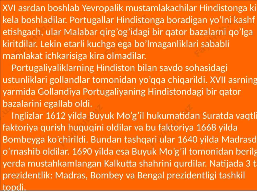 rdi. hindistonning inglizlarning mustamlakasiga aylanishi natijasida dehqonlarni asoratga solish keskin kuchaydi, soliqlar miqdori ancha oshdi. agar bengaliyada kompaniya hukmronligining dastlabki yillarida soliq miqdori 1,5 mln funtga teng bo’lsa, 10 yildan keyin uning miqdori 2,8 mln. funtga, 1793 yilda esa 3,4 mln. funtga etdi. dehqonlar va hunarmandlar xonavayron bo’lib, ekin maydonlari qisqardi. ocharchilik boshlanib, bengaliya aholisining deyarli yarmi – 10 mln. odam o’ldi. ingliz mustamlakachilari hindiston iqtisodiyotini vayron qilish bilan birga, bu yerda paydo bo’layotgan kapitalistik munosabatlar kurtaklarini ham yo’q qilib tashladilar. inglizlarning hukmronligi hindistonni huquqsiz mustamlakaga aylantirish bilan birga, uning iqtisodiyotida feodalizm qoldiqlarining hukmronligini mustahkamladi, ulkan mamlakatni iqtisodiy va madaniy qoloqlikka duchor etdi. xviii asr oxiridagi frantsuz burjua inqilobidan keyin g’arbiy yevropada va shimoliy amerikada kapitalizmning rivojlanish sur’ati o’sdi. angliya etakchi kapitalistik mamlakatga aylandi. frantsiyada ham sanoat tez rivojlanib bordi. kapitalning dastlabki jamg’arilish davri sanoat kapitalizmi davri bilan almashdi. g’arbning ilg’or davlatlarida kapitalizmning qaror topishi va g’alabasi sharq xalqlariga qarshi …