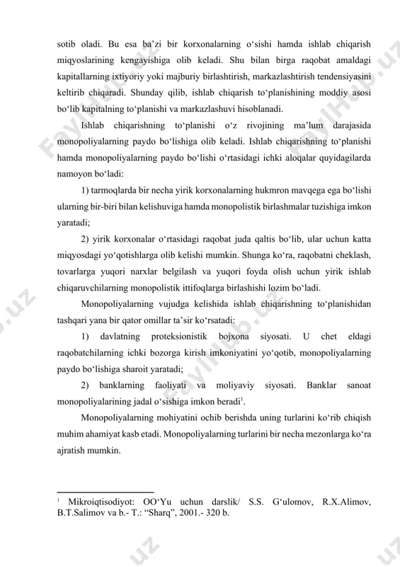 . 2.sof monopoliya modelining asosiy xususiyatlari mukammal raqobatning qarama-qarshisi sof monopoliyadir. sof monopoliya – ma’lum mahsulot turini ishlab chiqarish va sotish bo‘yicha yakka hukmron bo‘lgan bozor tuzilmasidir. yagona ishlab chiqaruvchi sifatida sof monopolistda unikal imkoniyatlar mavjud. uning to‘g‘ridan-to‘g‘ri raqobatchilari yo‘q. u o‘zi xoxlagan narx va xajmda istalgan mahsulot turini ishlab chiqarishi mumkin. monopolist ishlab chiqargan mahsulot bozorda unikal hisoblanadi, bozorda uni o‘rnini bosuvchi xech qanday tovar bo‘lmaydi. bozordagi yuqori darajadagi yakka xukmronlik monopolist uchun ishlab chiqarish xajmi va narxini maksimal darajada nazorat qilish imkonini beradi. sof monopoliyaning asosiy xususiyatlari: · firmalar soni bitta, · mahsulot turi yagona, unikal, · bozordagi hokimlik maksimal darajada, · bozorga kirish chiqishdagi to‘siqlar umuman olib tashlab bo‘lmaydigan. o‘zbekistonda sof monopoliyalar sifatida o‘zbekistondagi avtomobil ishlab chiqarish zavodi, o‘z ikkilamchi rangli metall. darhaqiqat, ular o‘z tarmoqlaridagi tegishli faoliyatlarning yagona ishlab chiqaruvchisi hisoblanadilar. shuningdek, ba’zi hollarda tarmoqdagi monopolist ishlab chiqaruvchilar sonining ko‘payib borishi monopolistik raqobat holatining vujudga kelishiga …