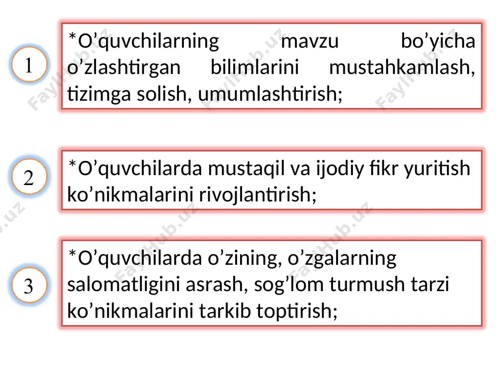 odam va uning salomatligi bo‘yicha foydalaniladigan masala va mashqlar yechish davomida o‘quvchilar quyidagi bilimlami egallagan bo‘lishlari lozim: - hujayraning tuzilish xususiyatlarini va hayot faoliyatining asosiy jarayonlarini; - to‘qimalar, organlar, organlar sistemasining tuzilishi xususiyatlarini va funksiyalarini, organlar sistemasini nerv va gumoral boshqarilishini; - odam va hayvonlar organizmining tuzilishi va funksiyalaridagi o‘xshashlik va farqlarini; - odam organizmining mehnat faoliyati, tik yurish va ijtimoiy yashash tarzi bilan bogiiq bo‘lgan xususiyatlarini; - organizm ichki muhitining nisbiy doimiyligini, immunitet, issiqlikning boshqarilishi, moddalar almashinuvi, plastik va energetik almashinuvining o‘zaro bogliqligini, ratsional ovqatlanishni; - sun’iy nafas oldirish usullarini, shikastlanganda birinchi yordam ko‘rsatishni, odam qad-qomatini aniqlash usullarini; - odam organizmining rivojianishi; - jismoniy mashqlarning organizmga ta’sirini; sog‘liqni saqlovchi va unga salbiy ta’sir ko‘rsatuvchi omillarga bog‘liq masala va mashqlarni bajarishni. odam va uning salomatligi fanini o‘sitishda masala va mashqlardan foydalanishdagi fanlararo bog‘lanishlar o‘quvchilarga ta’lim berish jarayonida fanlararo bog'lanish asosiy o‘rinda turadi. chunki har bir hodisani ilmiy jihatdan asoslash unga …
