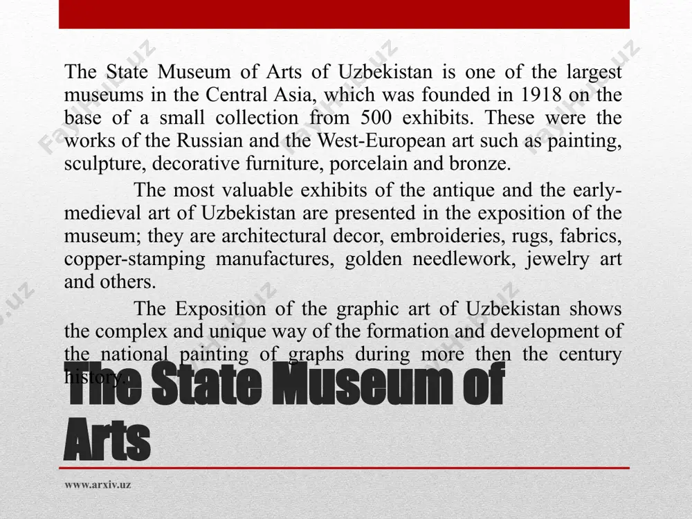 vity of the republic of uzbekistan, which was established in 1994 upon the initiative of the president of uzbekistan, islam karimov. www.arxiv.uz www.arxiv.uz image2.jpeg image3.jpeg image4.jpeg