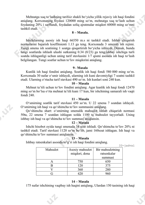aniqlang. agar kunlik ish haqi fondi 12470 ming so‘m bo‘lsa o‘rta mehnat ta’tili kuni 17 kun, bir ishchining samarali ish vaqti fondi 240. 11 – masala o‘smirning soatlik tarif stavkasi 450 so‘m. u 22 smena 7 soatdan ishlaydi. o‘smirning ish haqi va qo‘shimcha to‘lov summasini aniqlang. qo‘shimcha shart: o‘smirning smenalik mahsulot ishlab chiqarish normasi 50ta, 22 smena 7 soatdan ishlagan xolda 1100 ta mahsulot tayyorladi. uning ishbay ish haqi va qo‘shimcha to‘lov summasi aniqlansin. 12 – masala ishchi hisobot oyida tungi smenada 34 soat ishladi. qo‘shimcha to‘lov 20% ni tashkil etadi. tarif stavkasi 1120 so‘m bo‘lib, jami 160soat ishlagan. ish haqi va qo‘shimcha to‘lov summasi aniqlansin. 13 – masala ishbay ratsenkalari asosida to‘g‘ri ish haqi fondini aniqlang. 33-jadval mahsulot asosiy mahsulot miqdori, dona bir mahsulotning ratsenkalar summasi a 750 650 b 120 375 v 360 280 g 420 960 14 – masala 175 nafar ishchining vaqtbay ish haqini aniqlang. ulardan …