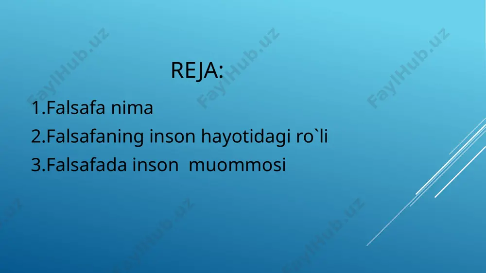 tibbiyot, tilshunoslik, musika, kibernetika va boshqa anik, fanlarning umummetodologik jihatlarini oʻrganuvchi f. yoʻnalishlari vujudga kelmokda. f.ning dunyoqarashlik, gnoseologik, metodologik, sotsiologik, aksiologik, antropologik, mantiqiy, psixologik va mafkuraviy funksiyasi bor. f. tarixi — inson tafakkuri tarakqiyoti tarixidir. f. tarixiga oid adabiyotlarda insoniyat tarixida xitoy f.si, hind f.si, yevropa f.si ajratib koʻrsatiladi. yirik diniy taʼlimotlar sifatida hinduiylik f.si, xristianlik f.si, buddaviylik f.si, islom f.sini koʻrsatish mumkin. ilk falsafiy taʼlimotlar qad. hindiston, xitoy, markaziy osiyo va yunonistonda paydo boʻlgan, keyin gʻarb mamlakatlariga yoyilgan. qad. hindistondagi falsafiy maktablar 2 turga bulinib, biri vedalaraxm kelib chiqqan va ularga suyanuvchi maktablar (vedanta, yoga, vaysheshika, nyaya, sankxya), ikkinchisi vedalarni rad etuvchi maktablar (jaynizm, buddizm, lokoyata) x,isoblanadi. qad. xitoydagi dastlabki falsafiy taʼlimotlar miloddan avvalgi 7-asrda vujudga kelgan. u qad. xitoy yozma manbalarida uchrab, bu manbalarga "qoʻshiqlar kitobi", "bahor va kuz" kabi qad. yodgorliklar va konfutsiynnng "aforizm"larini, daosizmni kiritish mumkin. markaziy osiyodagi falsafiy qarashlar qad. turkiy yozuvlar, tangriga eʼtiqod qilish …