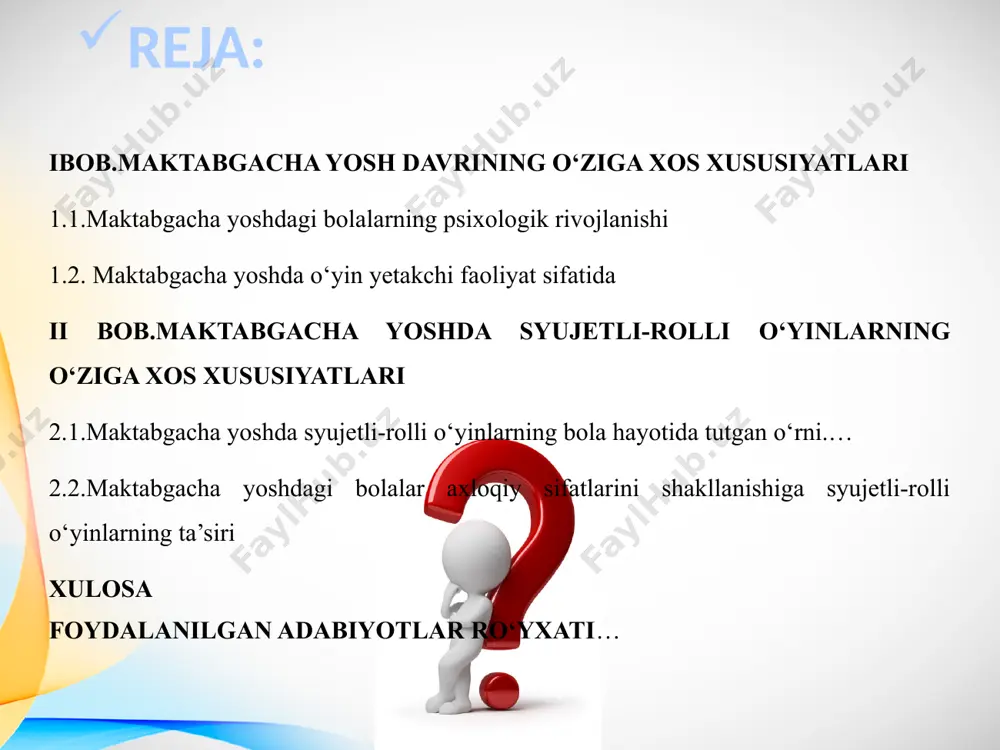 n rivojlantiradi. maktabgacha ta’lim jarayonida syujetli-rolli o‘yinli texnologiyalardan foydalanishning ahamiyatini o‘rganish, bolalarning ijtimoiy-muloqot ko‘nikmalarini shakllantirish, mustaqil fikrlash va ijodiy qobiliyatlarini rivojlantirishda ushbu texnologiyalarning samaradorligini aniqlash. kurs ishining maqsadi: 7. maktabgacha ta’lim jarayonida syujetli-rolli o‘yinli texnologiyalarning qo‘llanilishi. kurs ishining obyekti: 11. maktabgacha yoshdagi bolalarning rivojlanishiga syujetli-rolli o‘yinli texnologiyalarning ta’siri va ularni tashkil etish metodikasi. kurs ishining predmeti: kurs ishining vazifalari: syujetli-rolli o‘yinli texnologiyalar tushunchasi va ularning nazariy asoslarini o‘rganish. maktabgacha yoshdagi bolalar rivojlanishida syujetli-rolli o‘yinlarning rolini tahlil qilish. maktabgacha ta’lim muassasalarida syujetli-rolli o‘yinli texnologiyalarni qo‘llash usullarini o‘rganish va tahlil qilish. bolalarning ijtimoiylashuvi va muloqot malakalarini rivojlantirishda syujetli-rolli o‘yinlardan samarali foydalanish bo‘yicha tavsiyalar ishlab chiqish. i bob.maktabgacha yosh davrining o‘ziga xos xususiyatlari 1.1.maktabgacha yoshdagi bolalarning psixologik rivojlanishi maktabgacha yosh davri — bu bolaning o‘zining psixologik, jismoniy va ijtimoiy rivojlanishida muhim bosqichdir. maktabgacha yosh davri – bu bolaning 3 yoshdan 7 yoshgacha bo‘lgan davrni o‘z ichiga oladi. bu davr bolalar jismoniy, aqliy, ijtimoiy …