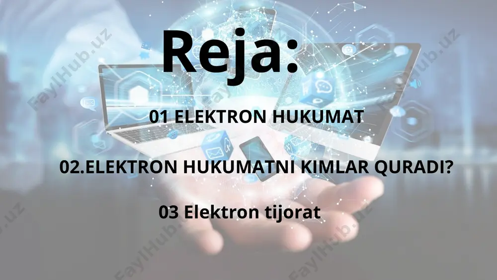 umatni rivojlantirish bo‘yicha ishlab chiqilgan dastur hukumat organlarining ishida samardorlikni oshirishga qaratilgan bo‘lib, u uch bosqichda amalga oshirilishi lozim bo‘lgan. elektron tijorat (e-tijorat, ingl. "e-commerce") — internet orqali savdo-sotiq amaliyotlarini tashkil etish. elektron tijoratga jahon miqiyosida hozirgi eng katta internet auksioni va doʻkoni ebay misol boʻladi. o'zbekiston kesimida esa elektron tijorat maydoni vibo marketplace misol bo'ladi. elektron tijorat etiboringiz uchun rahmat! image9.png image10.svg image11.png image1.png image2.svg image3.png image4.svg image5.png image6.svg image7.png image8.svg image12.png image13.png image14.svg image15.png image16.svg image17.png image18.png image19.png image20.png image21.png image22.svg image23.png image24.svg image25.png image26.svg image35.png image36.svg image37.png image38.svg image27.png image28.svg image29.png image30.svg image31.png image32.svg image33.png image34.svg image39.png image40.svg /docprops/thumbnail.jpeg