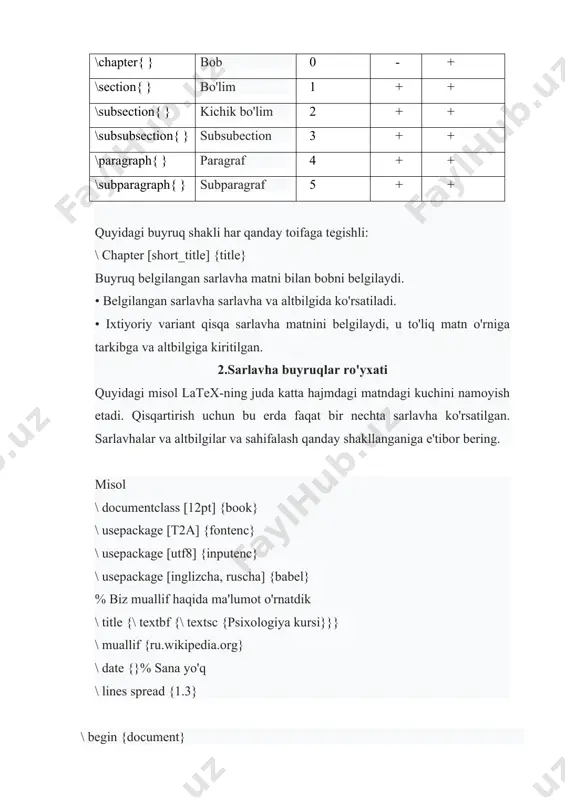 ish uchun bu erda faqat bir nechta sarlavha ko'rsatilgan. sarlavhalar va altbilgilar va sahifalash qanday shakllanganiga e'tibor bering. misol \ documentclass [12pt] {book} \ usepackage [t2a] {fontenc} \ usepackage [utf8] {inputenc} \ usepackage [inglizcha, ruscha] {babel} % biz muallif haqida ma'lumot o'rnatdik \ title {\ textbf {\ textsc {psixologiya kursi}}} \ muallif {ru.wikipedia.org} \ date {}% sana yo'q \ lines spread {1.3} \ begin {document} % sarlavha yaratish \ maketitle % 1-bob \ bob [o'zini tutish] {o'zini tutish psixologiyasi} \ bo'lim {kirish} \ textbf {behavior} --- aniq ustunlik qiladi ... \ bo'lim {yondashuvlar va ko'rsatmalar} xulq-atvor fanlari ildizlari qadimgi ... \ kichik bo'lim {psixologiya} psixologiya inson psixikasini o'rganadi, ... \ kichik bo'lim {hayvonlar psixologiyasi} zoopsixologiya o'rganmoqda ... . . . % 2-bob \ bob [tafakkur] {fikrlash psixologiyasi} \ bo'lim {kirish} \ textbf {mind} tarbiyaviy ... ... ... ... \ end {document} natija bu erda o'quvchi umumiy g'oyani tushunadi degan taxminlar …
