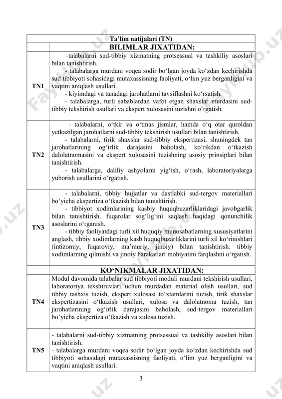 xulosasini tuzishni o‘rgatish. - talabalarni, o‘tkir va o‘tmas jismlar, hamda o‘q otar quroldan yetkazilgan jarohatlarni sud-tibbiy tekshirish usullari bilan tanishtirish. - talabalarni, tirik shaxslar sud-tibbiy ekspertizasi, shuningdek tan jarohatlarining og‘irlik darajasini baholash, ko‘rikdan o‘tkazish dalolatnomasini va ekspert xulosasini tuzishning asosiy prinsiplari bilan tanishtirish. - talabalarga, daliliy ashyolarni yig‘ish, o‘rash, laboratoriyalarga yuborish usullarini o‘rgatish. - talabalarni, tibbiy hujjatlar va dastlabki sud-tergov materiallari bo‘yicha ekspertiza o‘tkazish bilan tanishtirish. - tibbiyot xodimlarining kasbiy huquqbuzarliklaridagi javobgarlik bilan tanishtirish. fuqarolar sog‘lig‘ini saqlash haqidagi qonunchilik asoslarini o‘rganish. - tibbiy faoliyatdagi turli xil huquqiy munosabatlarning xususiyatlarini anglash, tibbiy xodimlarning kasb huquqbuzarliklarini turli xil ko‘rinishlari (intizomiy, fuqaroviy, ma’muriy, jinoiy) bilan tanishtirish. tibbiy xodimlarning qilmishi va jinoiy harakatlari mohiyatini farqlashni o‘rgatish. - o‘limning yuz berganligini aniqlash, tergovchi tomonidan tuziladigan dalolatnomada murda holatini va undagi kiyim, murda o‘zgarishlari, jarohatlarni tavsiflash bilan tashqi ko‘rik ma’lumotlarini qayd etish, o‘lim muddatini aniqlash; - hodisa sodir bo‘lgan joyda biologik ashyoviy dalillarni topish, yig‘ish va …
