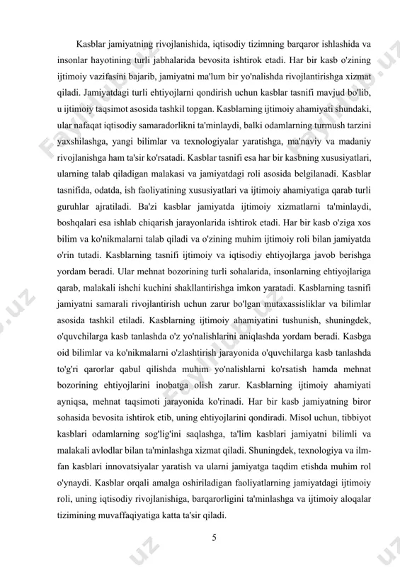qtisodiy va ijtimoiy rivojlanishni ta'minlash uchun bir necha asosiy guruhlarga bo'linadi. har bir guruh kasb egalari tomonidan bajariladigan faoliyatning turli sohalarini aks ettiradi. kasblarning tasnifi ularning maqsadlari, vazifalari va jamiyatdagi roli asosida amalga oshiriladi. kasblarning asosiy guruhlari quyidagicha tasniflanadi. intelektual kasblar ilmiy, ta'lim, boshqaruv va texnikaviy faoliyatni o'z ichiga olgan kasblarni anglatadi. bu guruhga ilm-fan, texnologiya, tahlil va boshqaruv sohalaridagi kasblar kiradi. intelektual kasblar yuqori malaka va chuqur bilimlarni talab qiladi. o'qituvchilar, olimlar, dasturchilar va muhendislar bu guruhga misol bo'ladi. amaliy kasblar ishlab chiqarish va texnik xizmat ko'rsatish sohalarida faoliyat yuritadigan kasblarni o'z ichiga oladi. ular jamiyatning ehtiyojlarini qondirish, mahsulotlar ishlab chiqarish va texnik xizmatlar ko'rsatishga qaratilgan. quruvchilar, ishlab chiqarish ishchilari, mexaniklar va elektrchilar amaliy kasblarga misol bo'ladi. xizmat ko'rsatish kasblari jamiyatning turli ehtiyojlarini bevosita xizmat ko'rsatish orqali qondiradigan kasblarni o'z ichiga oladi. bu guruhda tibbiyot, ta'lim, turizm, axborot texnologiyalari kabi sohalarda faoliyat yuritadigan mutaxassislar bor. shifokorlar, o'qituvchilar, turizm mutaxassislari …