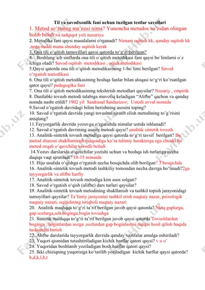 til va savodxonlik fani uchun tuzilgan testlar savollari — DOCX