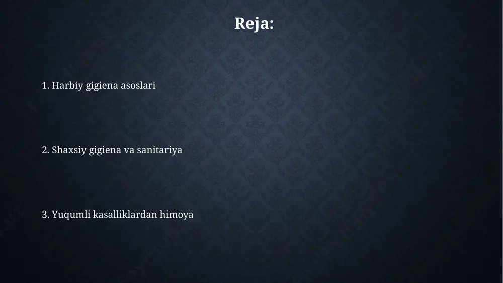 konservalangan mahsulotlarning yaroqlilik muddatini diqqat bilan tekshirish va shishgan yoki shikastlangan bankalarni ishlatmaslik botulizm kabi xavfli kasalliklarning oldini olish uchun zarurdir, bu esa 100% o'limga olib kelishi mumkin. lager gigienasi лагерьда чиқиндиларни йиғиш ва утилизация қилиш тизими мавжуд бўлиши керак, бунда чиқиндиларнинг 90% дан ортиғи қайта ишланиши ёки зарарсизлантирилиши лозим. лагерь гигиенасида сув таъминоти муҳим аҳамиятга эга бўлиб, ҳар бир ҳарбий хизматчи кунига камида 3 литр тоза ичимлик сувига эга бўлиши керак. kiyim-kechak va oyoq kiyimlari gigienasi harbiy xizmatchilar kuniga kamida 2 marta, afzalroq 3 marta paypoqlarini almashtirishlari, terining nafas olishi va qo'ziqorin kasalliklarining oldini olish uchun paxtadan yasalgan paypoqlarni tanlashlari kerak. oyoq kiyimlari muntazam ravishda tozalanishi va quritilishi lozim; nam oyoq kiyimlari 2-3 soat ichida qo'ziqorin va bakteriyalar o'sishi uchun ideal muhit yaratadi. e'tiboringiz uchun rahmat @taqdimot_robot image2.jpg image3.jpg image4.jpg image5.jpg image6.jpg image7.jpg image8.jpg