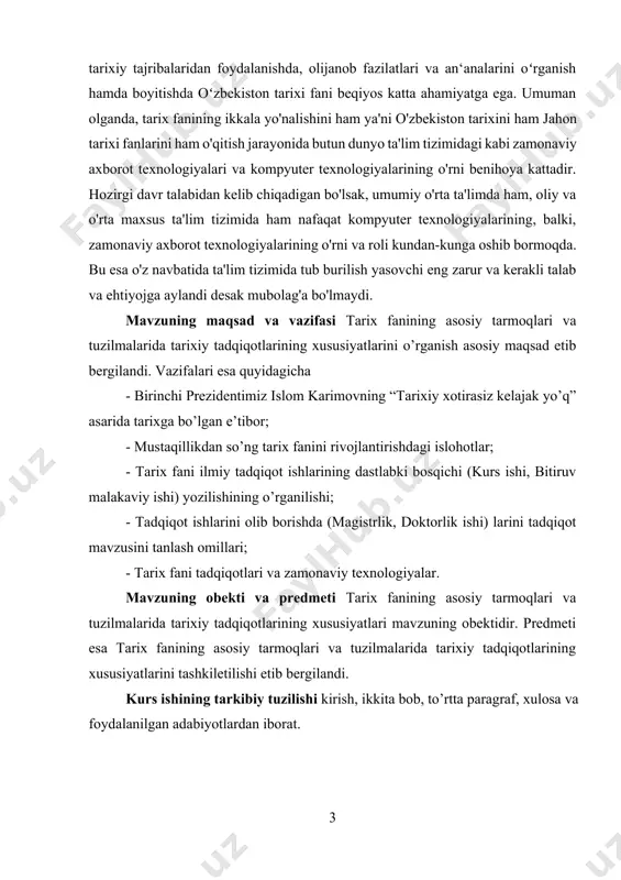 iqot ishlarini olib borishda (magistrlik, doktorlik ishi) larini tadqiqot mavzusini tanlash omillari; - tarix fani tadqiqotlari va zamonaviy texnologiyalar. mavzuning obekti va predmeti tarix fanining asosiy tarmoqlari va tuzilmalarida tarixiy tadqiqotlarining xususiyatlari mavzuning obektidir. predmeti esa tarix fanining asosiy tarmoqlari va tuzilmalarida tarixiy tadqiqotlarining xususiyatlarini tashkiletilishi etib bergilandi. kurs ishining tarkibiy tuzilishi kirish, ikkita bob, to’rtta paragraf, xulosa va foydalanilgan adabiyotlardan iborat. [1: ўзбекистон республикаси президенти ш.м.мирзиѐевнинг 2017 йил 7 февралдаги ўзбекистон республикасини янада ривожлантириш бўйича ―ҳаракатлар стратегияси тўғрисида‖ги pf-4947-сонли фармони. халқ сўзи. газетаси, 2017 йил, 8 феврал.] 1. birinchi prezidentimiz islom karimovning “tarixiy xotirasiz kelajak yo’q” asarida tarixga bo’lgan e’tibor milliy istiqlol o’zbek xalqining asriy orzusi, armoni edi. bu yo’lda minglab vatan, yurt fidoyilari aziz jonlarini qurbon qildilar. milliy mustaqillikning qo’lga kiritilishi katta yutuk, uning kadriga yetish, mustahkamlash, avaylab saqlab qolish mushkul vazifa. xar qanday mamlakatning qudrati, uning milliy mustaqilligi, davlat chegaralarining daxlsizligi-o’sha mamlakat fuqarolarining o’z yurtiga mehr-muhabbatli qilib …