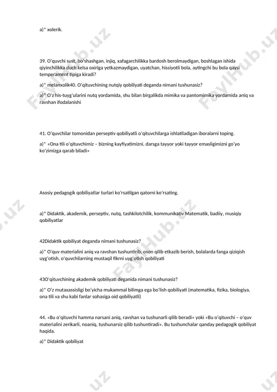 i namoyon bo’ladi? a)* diqqatning ko’chishi 53temperament va xarakter munosabati: a)* o’zaro bog’liq, ammo aynan bir xil emas 53.temperamentlar ta’limotiga kim asos solgan? a)* gippokrat 54.tempirament tiplari nechta? a)* 4ta 55. inson temperamentini qaysi yoshdan boshlab aniqlash mumkin? a)* chaqaloqlik davridan 56. insonlarni qobiliyatliliga qarab… qobiliyatga ajratish mumkin a)* umumiy va maxsus 57. qobiliyat – bu: a)* faoliyatga bog’liq individual psixologik xususiyati bo’lib, kishining faoliyatida namoyon bo’ladi 58. intellekt nima? a)* shaxsning aql-idrok darajasi 59. mavjud obrazlar tasavvurlashning qayta tiklanishi va ularning bir-biri bilan qo’shilishi asosida yangi obrazlarning hosil bo’lish jarayoni psixologiyada qanday ataladi? a)* hayol 60. an’anaviy boshqaruv uslublarini ko’rsating? a)* avtoritar, demokratik, liberal 61. sezgilar klassifikasiyasi... a)* eksterioreseptiv, interioreseptiv, proprioreseptiv; 62. ikkala ko’zi ko’r bo’lib tug’ilib, 52 yoshida yorug’ dunyoni ko’rgan odam narsa va hodisalarni ko’zi sog’ odamlardek idrok eta oladimi? a)* fazoni idrok qilish tug’ma emas, shuning uchun idrok eta olmaydi 63.esda olib qolishning asosiy sharti nima? …