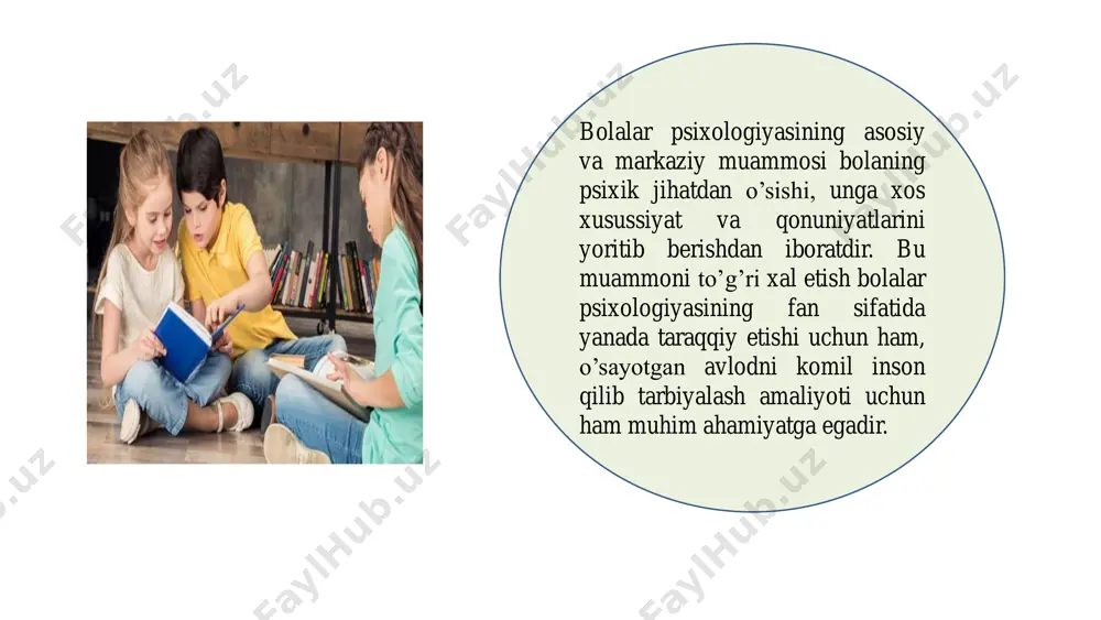 ydo bo’lishi, xotira va tafakkurlarni o’quv faoliyatida rivojlanishi masalalarini ishlab chiqdi. 1980yillardan boshlab psixologiyaning nazariy rivojlanishini tarixiy – madaniy jihatini, uning (ildizini) asosini, ya’ni bolani dunyoga kelishi, uning biologik tipning oxiri ekanligini, sifat o’zgarishlari jihatidan esa ijtimoiylikka aylanishini yoritib berdilar. l.s.vigotskiy bolaning psixik rivojlanishida tashqi-muhitning rolini va bolani muhit bilan effektiv munosabatini, ta’lim bilan rivojlanishining o’zaro munosabatlari, murakkab psixik funktsiyalar ta’lim jarayonida shakllanishini, aktual taraqqiyot bosqichida mustaqil faoliyatni yaqin taraqqiyot bosqichi asosida bo’linishini, psixik taraqqiyot qarama-qarshilik, ziddiyatlaridan iborat ekanligini ko’rsatib berdilar. bola rivojlanishining biogenezatsiya va sotsiogenizatsiyasi muammosida a.s.makarenko ham o’z fikrlari bilan qatnashdi. u jamoada o’zaro munosabatlar, bola shaxsini loyihalash, faoliyat motivlarini bola faoliyatidagi ahamiyati kabi qator masalalarini o’rgandi va undan amaliyotda foydalandi. o’zbekistonlik psixologlar ham psixologiyaning rivojlanishida ko’pgina ilmiy tadqiqot ishlarini olib bordilar. p.i.ivanov psixologiyaning umumiy masalalari, psixik hodisalarning bolalarda rivojlanishi, ta’lim psixologiyasi sohasida (“umumiy psixologiya”, “ta’limning psixologik asoslari”), m.g. davletshin “qobiliyatlarni rivojlanishi”, “texnik qiziqishlar”, “qziqish va ta’lim”, kabi …