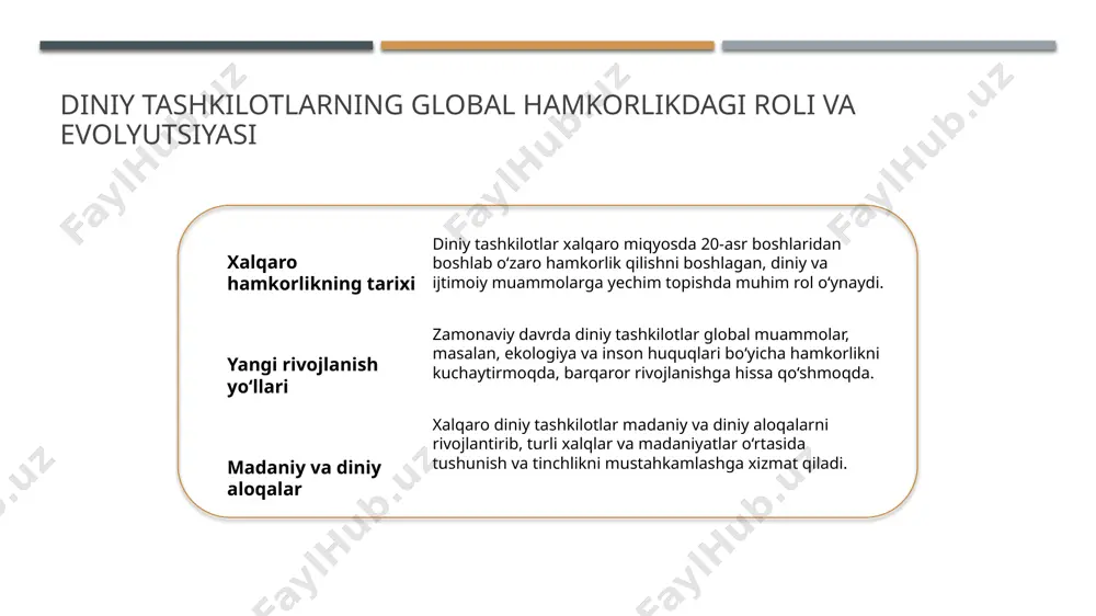 tda ijtimoiy muvozanatni saqlashda, tolerantlikni rivojlantirishda va ijtimoiy muammolarni hal qilishda muhim rol o‘ynaydi, barqaror rivojlanishga ko‘maklashadi. diniy tashkilotlar ta’lim dasturlarini qo‘llab-quvvatlab, yoshlar va keng jamoatchilikni madaniy va axloqiy qadriyatlar bilan tanishtiradi, shuningdek, ijtimoiy rivojlanishga hissa qo‘shadi. o‘zbekiston kontekstida diniy tashkilotlar va barqaror rivojlanishga erishish imkoniyatlari 1 diniy tashkilotlarning roli o'zbekiston diniy tashkilotlari ijtimoiy hamkorlik va madaniy merosni rivojlantirishda muhim rol o'ynaydi, barqaror rivojlanishga qo'shilgan hissasi katta. 2 madaniy meros va an'analar o'zbekiston diniy tashkilotlari milliy madaniyat va an'analarni saqlash, tarbiyalashda muhim bo'lib, xalqlar o'rtasida tinchlik va hamjihatlikni ta'minlaydi. 3 barqaror rivojlanish imkoniyatlari diniy tashkilotlar ijtimoiy rivojlanish, ta'lim va sog'liqni saqlash sohalarida hamkorlik qilib, barqaror rivojlanish maqsadlariga erishishda muhim imkoniyatlar yaratadi. xulosa 1 xalqaro diniy tashkilotlarning roli va ahamiyati xalqaro diniy tashkilotlar inson huquqlari, tinchlik va barqaror rivojlanishda muhim rol o‘ynaydi, madaniyatlararo tushunishni mustahkamlashga xizmat qiladi. 2 barqaror rivojlanishga diniy ta’sir va imkoniyatlar diniy tashkilotlar ekologiya, ijtimoiy adolat va ta’lim …