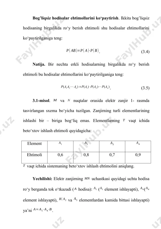 zlash uchun zarur bo‘ladigan stanoklar: . 3.4-misol. yashikda 10 ta qizil va 6 ta ko‘k shar bor. tavakkaliga 2 ta shar olinadi. olingan ikkala sharning bir xil rangli bo‘lish ehtimolini toping. yechilishi. -hodisa olingan ikkala shar qizil bo‘lishi, -hodisa esa olingan ikkala sharnng ko‘k bo‘lish hodisasi bo‘lsin. ko‘rinib turibdiki, va hodisalar birgalikda bo‘lmagan hodisalar. demak, birgalikda bo‘lmagan hodisalar ehtimollarini qo‘shish haqidagi (3.1) formulaga ko’ra, quyidagini olamiz: . -hodisaning ro‘y berishiga ta natija imkoniyat yaratadi. hodisaning ro‘y berishiga esa ta natija imkoniyat yaratadi. umumiy ro‘y berishi mumkin bo‘lgan natijalar soni esa ga teng. u holda: 3.5-misol. ikki ovchi bo‘riga qarata bittadan o‘q uzishdi. birinchi ovchining bo‘riga tekkizish ehtimoli ga, ikinchisiniki ga teng. hech bo‘lmaganda bitta o‘qning bo‘riga tegish ehtimolini toping. yechilishi. hodisa birinchi ovchining bo‘riga o‘qni tekkizishi, hodisa esa ikkinchi ovchining bo‘riga o‘qni tekkizishi bo‘lsin. ko‘rininb turibdiki, va hodisalar birgalikda bo‘lgan, ammo bir-biriga bog‘liq bo‘lmagan hodisalar. u holda . 3.6-misol. tanga …