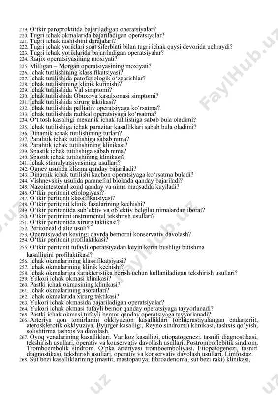 sistitda uttda kurinadigan belgilar? 150. o‘tkir xolesistitda bajariladigan operatsiya usullari? 151. o‘tkir xolesistit asoratlariga nimalar kiradi? 152. perivezikal infiltrat patomorfologiyasi? 153. perivezikal abssess patomorfologiyasi? 154. perivezikal infiltratda xirurg taktikasi? 155. perivezikal abssessda xirurg taktikasi? 156. mirizzi sindromi nima? 157. mirizzi sindromining ii tipida xirurg taktikasi? 158. mirizzi sindromini operatsiyagacha aniklash usullari? 159. pribram usulida xolesistektomiya qanday bajariladi? 160. xolesistektomiya vaqtida vaqtinchalik kon tuxtatish usuli qanday? 161. jigar anatomiyasi? 162. jigarning kon bilan ta’minlanishi? 163. jigar xirurgik kasalliklarini tekshirish usullari? 164. jigar noparazitar kistalarini linberg bo‘yicha klassifikatsiyasi? 165. jigar noparazitar kistalarini petrovskiy bo‘yicha klassifikatsiyasi? 166. jigar abssesslarini klassifikatsiyasi? 167. jigar travmasining nikolaev o.v. bo‘yicha klassifikatsiyasi? 168. jigar kistalarida xirurg taktikasi? 169. jigar kistalarining asoratlari? 170. jigar travmasida xirurg taktikasi? 171. me’da osti bezi anotomiyasi va sintopiyasi? 172. me’da osti bezini kon bilan ta’minlanishi? 173. me’da osti bezi inkretor va ekskretor funksiyalari? 174. o‘tkir pankreatit etiologiyasi? 175. o‘tkir pankreatit patogenezi? 176. o‘tkir …