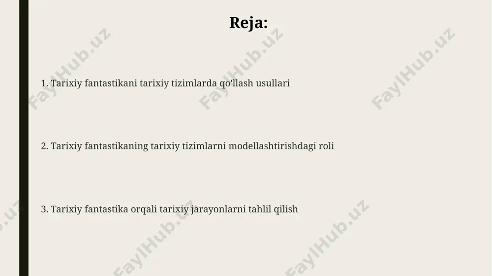 h tarixiy kontekstning aniqligi – tarixiy romanlarda ishlatiladigan manbalar soni va ularning ishonchliligi bilan belgilanadi, ya'ni kamida 3 ta mustaqil manbaga tayanish afzalroq. tarixiy romanlar 19-asr oxiri va 20-asr boshlarida yuz bergan ijtimoiy-siyosiy voqealarni, masalan, inqiloblar va urushlarni, turli xil qarashlar orqali aks ettirib, ularning murakkabligini ochib beradi. adabiy vositalar, jumladan, metafora va allegoriya yordamida, tarixiy voqealarni 1:1 aks ettirish o'rniga, ularning mazmun-mohiyatini va ta'sirini yanada chuqurroq ochib berish mumkin. manbalarni tahlil qilish va talqin qilish tarixiy fantastika asarida 10 dan ortiq geografik joylarning tasvirlarini geografik xaritalar va arxeologik topilmalar bilan taqqoslash orqali asarning tarixiy aniqligi va manbalarga asoslanish darajasini baholash mumkin. manba sifatida ishlatilgan tarixiy shaxslarning 5-10 ta xatti-harakatlari va motivlarini tahlil qilib, ularning tarixiy kontekstdagi rolini va hikoyada aks ettirilgan obrazlarning haqiqiyligiga oid xulosalar chiqarish mumkin. tarixiy fantastika asarlarida keltirilgan 2-3 ta manbaning turli davrlarga oid hujjatlar (xatlar, kundaliklar, rasmiy yozuvlar) bilan solishtiruv tahlili orqali ularning ishonchliligi va …