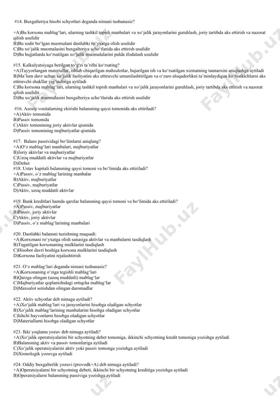 zatsiya jarayoni b)ta’minot jarayoni, ishlab chiqarish jarayoni, realizatsiya jarayoni va xo‘jalik operatsiyalari c)ta’minot jarayoni, ishlab chiqarish jarayoni, xo‘jalik operatsiyalari d)ta’minot jarayoni, aktivlar, passivlar va xo‘jalik operatsiyalari #12. buxgalteriya hisobi metodining konkret elementi nechta? +a)8 ta b)4 ta c)6 ta d)7 ta #13. baholash deb nimaga aytiladi? +a)bu hujjatlarda ko‘rsatilgan xo‘jalik muomalalarini pulda ifodalash usulidir b)bu sodir bo‘lgan muomalani dastlabki ro‘yxatga olish usulidir c)bu korxona mablag‘lari, ularning tashkil topish manbalari va xo‘jalik jarayonlarini guruhlash, joriy tartibda aks ettirish va nazorat qilish usulidi d)bu xo‘jalik muomalasini buxgalteriya schyotlarida aks ettirish usulidir #14. buxgalteriya hisobi schyotlari deganda nimani tushunasiz? +a)bu korxona mablag‘lari, ularning tashkil topish manbalari va xo‘jalik jarayonlarini guruhlash, joriy tartibda aks ettirish va nazorat qilish usulidir b)bu sodir bo‘lgan muomalani dastlabki ro‘yxatga olish usulidir c)bu xo‘jalik muomalasini buxgalteriya scho‘tlarida aks ettirish usulidir d)bu hujjatlarda ko‘rsatilgan xo‘jalik muomalalarini pulda ifodalash usulidir #15. kalkulyatsiyaga berilgan to‘g‘ri ta’rifni ko‘rsating? +a)tayyorlangan materiallar, ishlab chiqarilgan mahsulotlar, …