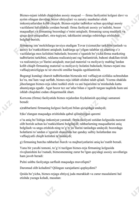 k. bu savollar: «biznes-rejani kim tuzadi?», «biznes-reja qachon kerak bo’ladi?», «qanday alohida tomonlari mavjud?». odatda, biznes-rejaning sifati, uni kim tomonidan tuzib chiqilishiga bog’liq bo’ladi. xalqimizda shunday naql bor: «nima eksang, shuni o’rasan». bu biznes-rejaga taalluqlidir. biznes-rejani berish haqidagi qarorlarni qabul qilishdan oldin axborotlarini qo’shimcha manbayi sifatida ko’radilar. ammo kredit aniq bir shaxslarga belgilangan maqsadlari uchun beriladi. bundan ko’rinib turibdiki, maqsadni ham bilib olish foydadan xoli bo’lmaydi. biznes-reja tuzilishi ish yurituvchi, mulkdor va sarmoyador uchun manfaatlidir. u ularning quyidagi savollariga to’la javob beradi: •firma loyiha imkoniyatlarini baholashda loyiha kelgusida tijorat va moliyaviy yutuq keltiradimi? •firma va budjet to’la faoliyati yuzasidan maqsadni belgilashda. bundan firmaning qanday umumiy vazifasi mavjud va uni kelgusida rivojlanishi qanday: budjet uning tuzilishi, daromadi va xarajati haqida to’la tushuncha mavjudmi? zarur bo’lgan sarmoya maqsadini aniqlash. rejalarni bajarish uchun qanday miqdorda mablag’ kerak bo’ladi? g’oyaga aniqlik kiritishning oxirgi yakuniy hujjati bu biznes-reja hisoblanadi. u o’zida tahlil natijalari, g’oya va …