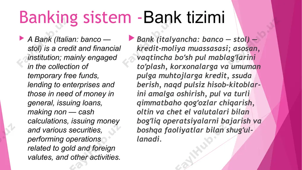 t, providing loans with or without interest, execution of stock orders, buying securities, shares, completing customer assignments, providing loans against the pledge of goods or goods documents, as well as any other cash and non-cash settlement operations. joriy yoki boshqa hisob varaqqa pul qabul qilish, foizi bilan yoki foizsiz kreditlar berish, birja topshiriqlarini bajarish, qimmatbaho qogʻozlar, aksiyalar sotib olish, mijozlarning topshiriqlarini bajarish, tovarlar yoki tovar hujjatlari garovi hisobiga ssudalar berish, shuningdek boshqa har qanday pulli va naqd pulsiz hisobkitoblar boʻyicha operatsiyalar kiradi. 1991 for the purpose of creating an independent banking system in uzbekistan. february 15 at the session of the supreme council of the republic, the law of the republic of uzbekistan "on banks and banking activities", which defines the legal basis of b.'s activity in the territory of the republic, was adopted, and from that moment on, a real, independent banking system of the republic began to form. …