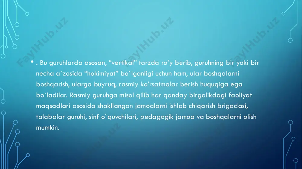yoji borki, bu narsa turli kichik jamoalarda ularning bo`lishini taqozo qiladi. lekin guruhda a`zo bo`lish bilan birgalikda har bir individ qator guruhiy jarayonlarning guvohi bo`ladi. https://azkurs.org/3-yulduzlarning-xususiyatlari-yulduzlarning-massasi-va-undan-k.html • birinchidan guruh o`z a`zolariga ma`lum tarzda psixologik ta`sir ko`rsatadi. bu hodisa psixologiyada konformizm deb ataladi (o`zbek tilida “moslashish” ma`nosini bildiradi). bu hodisaning mohiyati shundan iboratki. u individning guruhda qabul qilinadigan normalar, fikrlar, xulq-atvor standartlarini qanchalik qabul qilish yoki qabul qilmasligi bilan bog’liq. guruh fikrini qanchalik tez qabul qilish uning ta`siriga berilish individ bilan guruhning ziddiyatlarini oldini olishi mumkin. shuning uchun ham individ ana shunday xatti-harakat qilishga intiladi. lekin ana shunday guruh fikriga, xarakatiga qo’shilish turli shakllarda bo`lishi mumkin: tashqi konformillilik individ guruh fikriga nomigagina qo’shiladi, aslida ruhan u guruhga qarshi turadi, ichki konformillilik individ guruh fikriga to’laligicha qo’shiladi va ruhan qabul qiladi. ana shunday hollarda individ bilan boshqalar o’rtasida ziddiyat yoki konfliktlar paydo bo`lmaydi. bu o’rinda yana bir tushuncha ham bor, u ham …