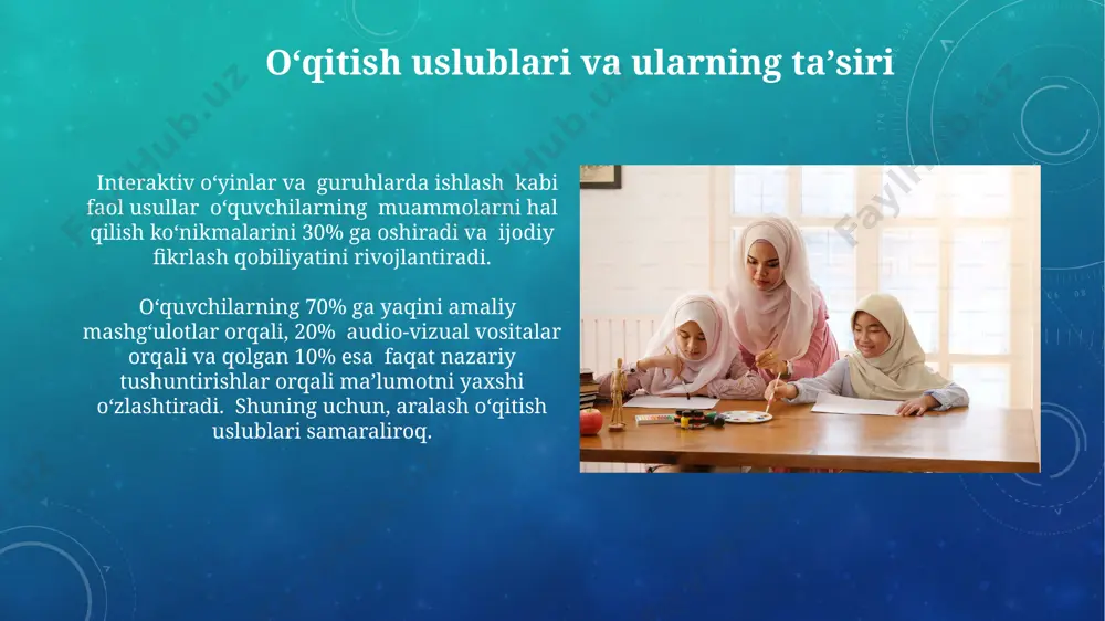 ng bilim olish jarayoniga taʼsir koʻrsatadi. baholash va monitoring boshlangʻich sinf oʻquvchilarining bilim, koʻnikma va malakalarini baholashda kamida 3 ta turli usul (test, amaliy topshiriqlar, kuzatuv) qoʻllanilishi samaradorlikni oshiradi. oʻquv jarayonini monitoring qilishda 2-4 haftada bir marta oʻquvchilarning yutuqlari va qiyinchiliklari tahlil qilinib, darslar mazmuni moslashtirilishi kerak. zamonaviy texnologiyalar va innovatsiyalar o'quvchilarning raqamli savodxonligini oshirish uchun kamida 2 soatlik dasturlash asoslari bo'yicha mashg'ulotlarni kiritish, ularning mantiqiy fikrlash qobiliyatini rivojlantiradi va muammolarni hal qilish ko'nikmalarini yaxshilaydi. virtual va kengaytirilgan haqiqat texnologiyalari (vr/ar) 5-sinf o'quvchilariga murakkab tushunchalarni, masalan, inson anatomiyasini yoki yer sayyorasining tuzilishini, 3d formatda o'rganish imkoniyatini beradi. koʻnikmalarni shakllantirishning bosqichlari ko'nikmalarni shakllantirishning dastlabki bosqichi, 1-3 sinflarda, asosan, ko'nikmalarni namoyish qilish va takrorlashga asoslangan bo'lib, o'qituvchining ko'rsatmalari va namunasiga tayanadi. 4-5 sinflarda ko'nikmalarni mustaqil qo'llash bosqichi boshlanadi, bu yerda 5-7 ta vazifani bajarish orqali mustahkamlanadi va individual yondashuv muhim ahamiyat kasb etadi. oila va maktabning hamkorligi oila va maktabning samarali hamkorligi …