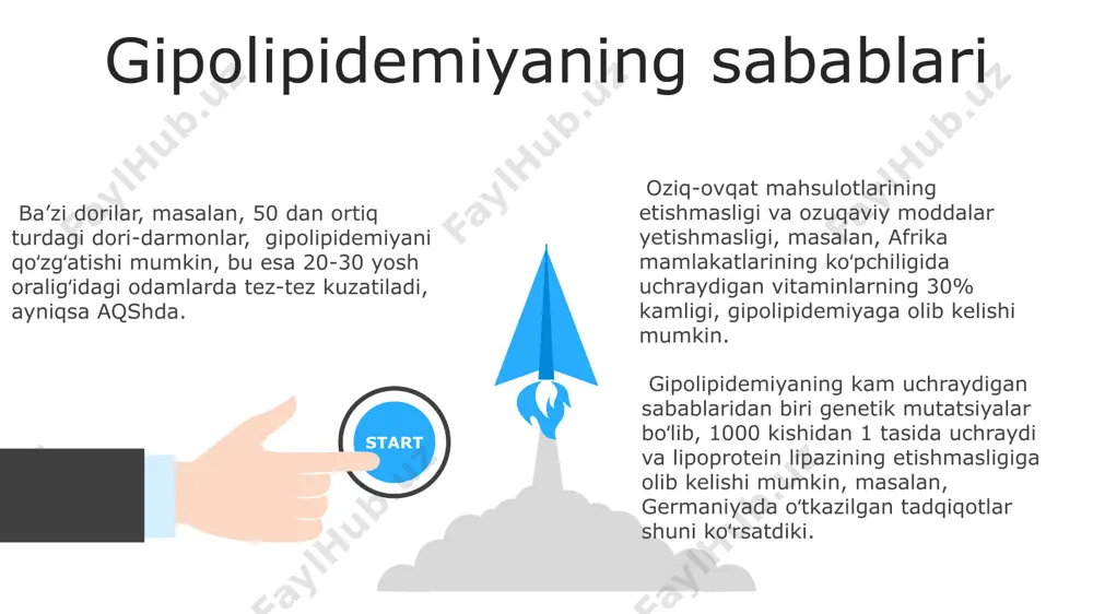 ning quruqlashuvi bilan namoyon bo'ladi, ayniqsa, qoraqalpog'iston respublikasida bunday holatlar ko'proq kuzatiladi. gipolipidemiya bilan og'rigan bemorlarda, ayniqsa, 40 yoshdan oshgan erkaklarda, mushaklarning kuchsizligi, 10-15 kg gacha vazn yo'qotish va jigar kattalashishi kabi alomatlar uchraydi, toshkent shahrida o'tkazilgan tadqiqotlar buni tasdiqlaydi. past zichlikdagi lipoproteinlar (ldl): tuzuilishi va vazifasi ldl zarrachalari hujayra membranalarining tarkibiy qismi bo'lgan xolesterinni hujayralarga tashiydi, bu jarayon retseptorlar orqali amalga oshiriladi va uning kamligi aterosklerozga olib kelishi mumkin. past zichlikdagi lipoproteinlar (ldl) jigarda, asosan, 70% gacha miqdorda sintezlanadi va qolgan qismi ovqat hazm qilish tizimidan keladi, bu esa qon plazmasidagi xolesterin miqdorini tartibga soladi. yuqori ldl darajasi yurak-qon tomir kasalliklari xavfini oshiradi, aqsh statistikasiga ko'ra, 2020 yilda 690 mingdan ortiq o'lim ldl ning yuqori bo'lishi bilan bog'liq edi. giperlipidemiyaning sabablari giperlipidemiyaning sabablaridan biri irsiyat bo'lib, 50% gacha bo'lgan hollarda oilaning genetik moyilligi tufayli, masalan, familial giperxolesterinemiya kabi kasalliklar kuzatiladi, bu esa aqshda 1:500 cha kishida uchraydi. noto'g'ri ovqatlanish, …