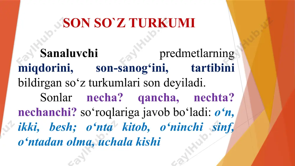 almishlari bo‘ladir. birinchidan yettinchigacha raqamlar bilan ko‘rsatilgan sonlaming o‘zlariga-da, sanalmishlarig‘a-da ko‘blik belgisi bo‘lg‘an ≪lar — lar≫ qo‘shilmaydir. yettinchi, sakkizinchi raqamlar bilan ko‘rsatilg‘an sonlarg‘a ham ≪lar — lar≫ qo‘shilsa ham bo‘ladir: bolalaming uchovini ko‘rdim deganimiz kabi, bolalaming uchovlarini ko‘rdim demak mumkundir. unlarning uchalasi keldi deganimiz kabi, unlarning uchalalari keldilar demak ham mumkundir. to‘quzinchi raqam bilan ko‘rsati!gan <<oshirma son≫ning sanalmishig‘a ≪lar — lar≫ qo‘shilsa ham bo`ladir: yuz minglarcha odam, yuz minglarcha odamlar deganda ikisi birdir. o‘ninchi raqam bilan ko‘rsatilgan ≪o`lchov soni≫ning o‘ziga-da ≪sanalmish≫g‘a-da ≪lar — lar≫ qo‘shilmaydir. hozirgi o‘zbek tilida qo‘shma son tarkibiy qismlarining qat’iy joylashish o‘rni bor: yuzgacha bo‘lgan sonlardan oldin katta son, undan so‘ng kichik son keladi. masalan, o‘n bir, o‘ttiz besh kabi. yuzlikdan keyingi sonlarda birlik va o‘nlik sonlar ulardan oldin kelishi ham, keyin kelishi ham mumkin. birlik va o‘nlik sonlar yuzlik, minglik sonlarning qayerida kelishiga ko‘ra ma’no juda kuchli farqlanadi: birlik va o‘nlik sonlar, yuzlik va undan ortiq …