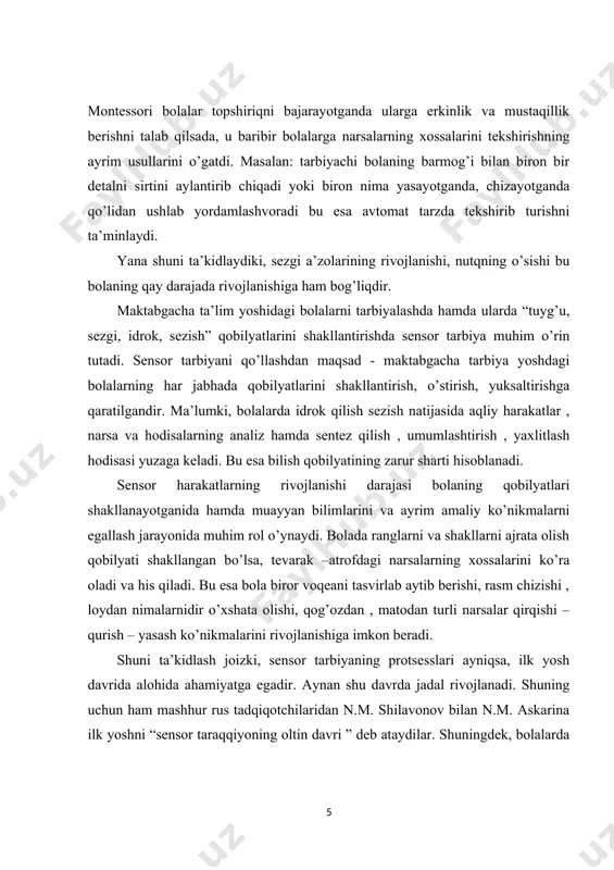 ola devorning balandligini ko’rib, sakrash mumkinmi yo’qmi anglay oladimi? yo bo’lmasa, ikki yashar bola daraxtni bargalarini shakli va rangiga qarab farqlay oladimi? bir yashar bola kubiklarni ustma –ust qo’yib taxlay oladimi? bularning hammasi ma’lum darajada bolaning idrok qilishning qanchalik rivojlanganligiga bog’liqdir. komenskiy – aytilgan narsalarni faqat narsalarda emas, real voqeylikda ko’rsatish juda foydalidir deya tavsiya qiladi. biz o’z tajribamizda ilk va maktabgacha yoshidagi bolalarni sensor tarbiyalashda bolalarni ko’rish vositasida tekshirish va shakliga qarab taqqoslash usullarini o’zlashtirishini usul jihatdan mumkinligi, xossasiga qarab narsalar o’rtasidagi munosabatlarni aniqlash ; narsalarning shaklini tekshirish va hisobga olish usullarini samarali o’rgatish shartlari amaliy jihatdan yoritish; ta’limni amaliy narsalar bilan ishlashni takomillashtirishga bolaning sensor tarbiyasi darajasini oshirishga ko’rsatadigan ta’sirini kuzatish kerakligini aniqladik. xulosa qilib shuni aytaolamizki, bolani sensor tarbiya masalalarini o’rganar ekanmiz, faqat idrok qilinadigan hislatlar bilan tanishtirishnigina emas, shu bilan birga estetik madaniyat, mustaqil faoliyat, tasavvur cheksizligi, sezish , his qilish kabi va boshqa ko’plab sensor …