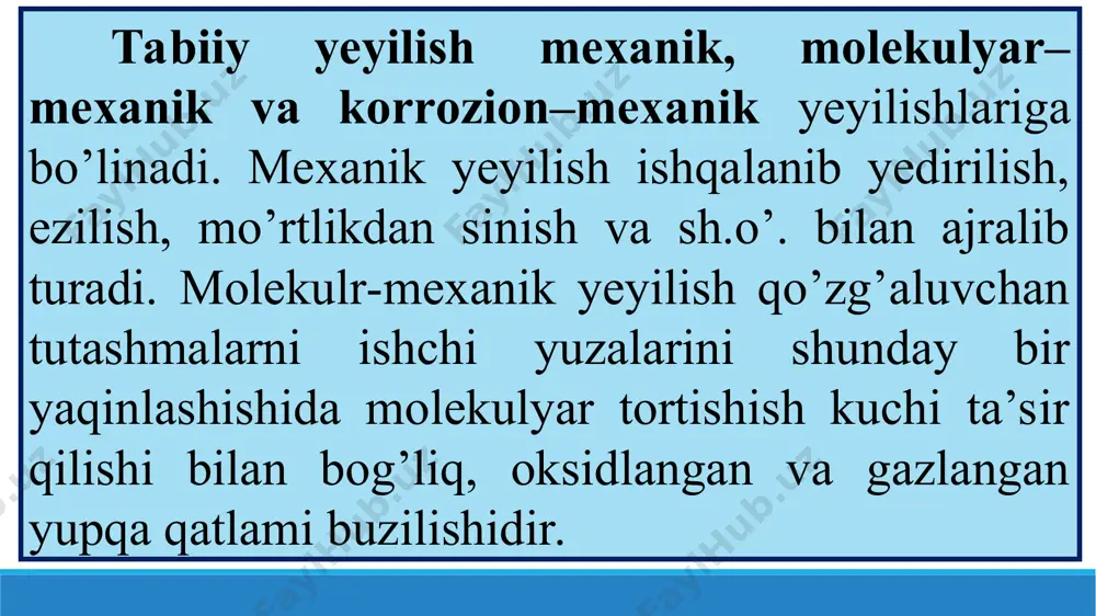 da harakatlanadi deb taxmin qilish mumkin. nasoslarni ishchi detallarini yeyilishi ularni gidroabraziv oqimdagi qattiq zarrachalar ta’sirida metallni mikroqirindilarni kesilishi natijasida, hamda materialni ayrim mikrohajmli qismchasi surilib chiqish xisobiga hosil bo’ladi. ko’pchilik olimlar qattiq jismlarni yeyilishini baholash nazariyasida, ularning charchashlik xususiyatidan kelib chiqish zarurligini ta’kidlaydilar.
