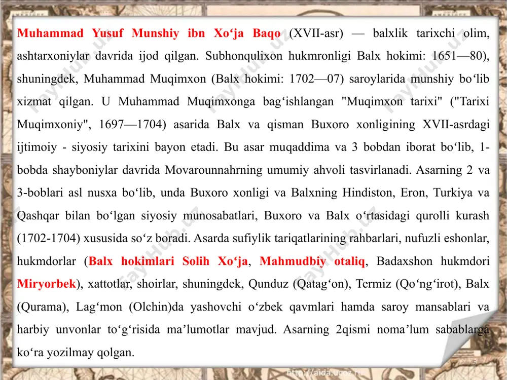 lom karimiy va erkin mirkomilovlar tomonidan toshkentda oʻzbek tiligiga oʻgirilib, nashr qilingan. https://t.me/historical_library_1/12898 kitobni yuklab olish uchun havola – o’zbek tilida 13 termiziy xoja samandar muhammad ibn baqon - xvii- xviii asrlarda (taxminan 1638-yil, termiz,1740-yil) yashab ijod qilgan. qumqoʻrgʻon tumanidagi qoptoʻqay qishlogʻida yashagan. taxallusi: samandar. tarixchi olim, elchi, jangchi, shoir, ulamo va davlat arbobi sifatida tanilgan. xoja samandar termiziy termiz sayyidlari oilasida tugʻilgan. dastlabki taʼlimni termizda olgan. keyin buxoro madrasasida tahsil olgan. yigirma yoshlarda madrasani tugatib samarqand shahridagi narpayda qozilik qilgan va qozi mahkamasida ishlagan (1660-1662-yillar). soʻngra sharq va gʻarb mamlakatlaridagi koʻp joylarni kezib yurgan jumladan, hindistonda darvesh sifatida yashagan. 1670-yillarda buxoroga qaytib, ashtarxoniylardan abdulazizxon saroyida tarixchi (voqeanavis) lavozimida ishlagan. subhonqulixon hukmronligi davrida saroyda uning nufuzi oshgan. xiva xoni anushaxon qoʻshinlari buxoroga bostirib kelganida janglarda bevosita qatnashib, jasorat koʻrsatgan (1678-1680-yillar). elchi sifatida qoʻshni mamlakatlarga borgan. oʻzi bevosita ishtirok etgan janglarni tarixnavis sifatida tasvirlab borgan. nasafda rais (muhtasib) diniy lavozimida ishlagan. …