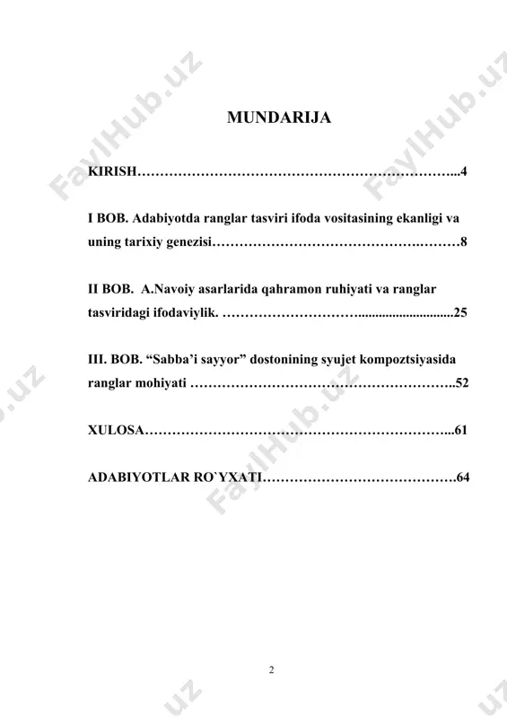 m bizga ibrat va saboq bo‘lmoqda. san’at turlarini o‘zaro sintezi bizga boshqa bir san’at turining boy imkoniyatlarini ochib berishga xizmat qilish bizga uning keng holatdagi badiiyatini ochib beradi. she’riyatdagi vazn, buning isbotidir. rassomchilik ya’ni rangtasvir va badiiy adabiyotning uyg‘unlashuvi ham shular jumlasidandir. tasviriy san’at va adabiyotning o‘zaro sintezi sharqda avvaldanoq rivojlanganligini kuzatish mumkin. masalan: “zumrad va qimmat” ertagida oq va qizil rangli sandiqlarning berilishi va ushbu ranglar orqali ezgulik va yovuzlik mazmunining ifodalanishi, yoki “tohir va zuhra” dostonida tohirning sandiqda oqib kelishi shular jumlasidandir. rassom ijodidagi rangtasvirni ko‘r – ko‘rona mushohada eta olsak, adabiyotda berilgan ranglarni mushohada eta olishlik uchun ranglarning “nedan so‘zlamoqchi” ekanligini bilish zarur. biz yoritmoqchi bo‘lgan mavzu o‘zida ortig‘i bilan tasviriy san’at va adabiyotning oliy uyg‘unlashuvini bera olgan, alisher navoiyning “sab’ai sayyor” asaridagi ranglar jilosini ifodalashdan faqatgina ifodalabgina qolmay, ranglar ortidagi “dunyo”ni ham ochib berishdan iborat. ayrim maqola va fikr – mulohazalar hisobga olinmaganda, o‘zbek mumtoz she’riyatida …