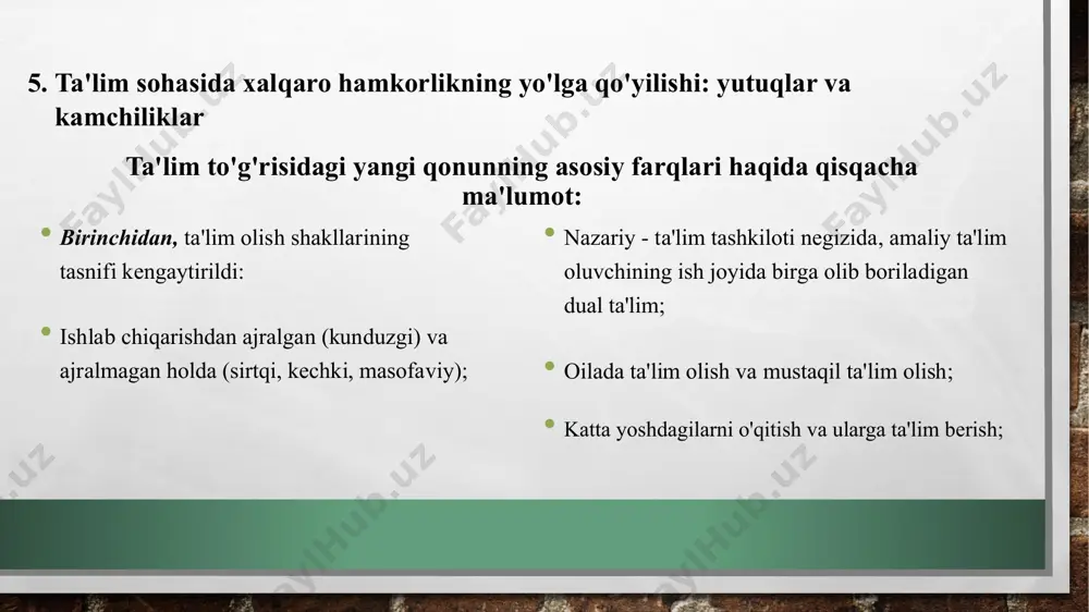 lari – huquqlar, majburiyatlar va kafolatlar bo'yicha. ta'lim-tarbiya jarayoni ishtirokchilarini ijtimoiy himoya qilish chora-tadbirlari belgilangan • to'rtinchidan, davlat ta'lim standartlari va talablari, o'quv jarayoniga o'quv rejalari va dasturlarini, ta'lim sohasiga eksperimental va innovasion faoliyat ta'limni joriy etish bilan bog'liq masalalar tartibga solingan. o'qishga qabul qilish, jumladan maqsadli qabul qilish mexanizmi bayon etilgan beshinchidan, davlat tomonidan tartibga solish va nazorat qilish dastaklari reglamentlangan: a) birinchilarga quyidagilar kiradi: nodavlat ta'lim tashkilotlarining faoliyatini lisenziyalash – lisenziyalar ta'lim inspektsiyasi tomonidan cheklanmagan muddatga, har bir ta'lim turi uchun alohida beriladi; ta'lim tashkilotlarini attestasiyadan va davlat akkreditasiyasidan o'tkazish – ta'lim inspektsiyasi tomonidan 5 yil muddatga amalga oshiriladi. bunda nodavlat ta'lim tashkilotlari lisenziya olingan kundan e'tiboran 5 yil davomida akkreditasiyadan o'tgan deb hisoblanadi, bu muddat tugagach, ushbu attestasiya va akkreditasiyadan o'tkaziladi. davlat akkreditasiyasidan o'tgan tashkilotlar maxsus reestrga kiritiladi, bu haqdagi ma'lumotlar ta'lim inspektsiyasining saytiga joylashtiriladi; xorijiy davlatda 1992 yil 1 yanvardan keyin olingan ta'lim to'g'risidagi hujjat tan …