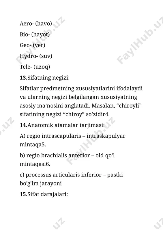 b) musculus deltoideus – deltoid mushak3. c) linea nuchae superior – yuqori nucha chizig’i4. 33.maqol va aforizmlardan misol: “bir kattaning gapiga kir, bir kichikning” – o’zbek maqoli5. 34.iii turlanish jenskiy roddagi otlar va qoidadan istisno otlar: uchinchi turlanishda jenskiy rodga mansub otlar ham mavjud bo’lib, ularning genetivus singularisda “-is” bilan tugaydi6. 35.anatomik atamalar tarjimasi: а) musculus levator scapulae – skapula ko’taruvchi mushak7. b) apex pulmonis sinistri – chap o’pka cho’qqisi8. c) ala vomeris – vomer qanoti9. 36.klinik atamalardan lotin-yunonlarga misol: “stomatitis” – og’iz mukozasining yallig’lanishi; “cholecystoscopia” – o’t pufagining ichki devorlarini tekshirish 37.iii turlanish sredniy roddagi otlar va qoidadan istisno otlar: iii turlanishda sredniy rodga mansub otlar ham mavjud bo’lib, ularning genetivus singularisda “-is” bilan tugaydi6. 38.anatomik atamalar tarjimasi: а) caput longum – uzun bosh11. b) musculus depressor septi nasi – burun septumini tushiruvchi mushak3. c) rete genus articulare – tizza bo’g’imining to’r tuzilishi12. 39 sifatlarning turlanishi haqida ma’lumot: sifatlar …