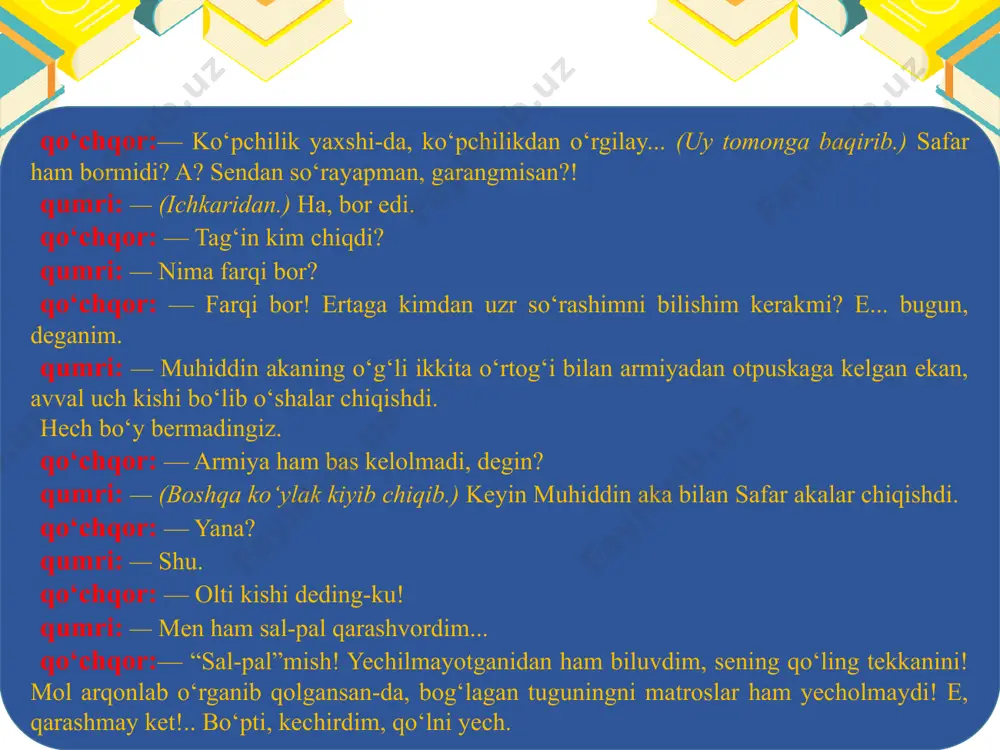 o‘tgan. alomat karavotda o‘tiribdi. qo‘chqor tog‘orada bug‘i chiqib turgan qaynoq suv olib kelib, uning qarshisiga qo‘yadi. alomatning qo‘llarini kaftlari orasiga olib birpas tikilib o‘rnidan turib, ayvon shiftidan qizil mikrosxemani olib keladi, o‘rnatadi. alomat xuddi uyqudan turgandek ajablanib atrofni kuzatadi. so‘ng qo‘chqorga boshdan oyoq razm soladi.) alomat: — nima qilyapsiz, qo‘chqor aka? qo‘chqor:—(uzrli.) shu desangiz, ja muzday-da… yuzimni silasangiz temirga o‘xshaydi… (alomatning qo‘lini tog‘oradan chiqarib, yuziga bosib ko‘radi.) hali bor… (yana suvga tiqib qo‘yadi.) xafa bo‘lmang-u, alomatxon, shu, qumrining qo‘llari qadoq bosib, yorilib ketgan bo‘lsayam, bir nimasi bor edi-da… o‘sha nima ekan-a? bo‘lmasam, barmoqlarini ko‘sak tilib, g‘adir-budur qilib tashlagan. qo‘lidan doim kirsovun aralash tappi hidi kelib turadi. lekin nimasidir bor edi… keyin ko‘zingiz ham g‘alati… yo‘q, uzoqdan qarasam, durust, yaqiningizga kelsam, shishaga o‘xshaydimi-ey… alomat: — kvars. qo‘chqor:— nima-ars? alomat: — kvars. kvarsdan yasalgan. qo‘chqor: — ha-a… shishaning bir turi-da, a! ja sovuq narsa bo‘larkan, lekin… bilasizmi, xafa bo‘lmang-u, qumri bilan, desangiz, …