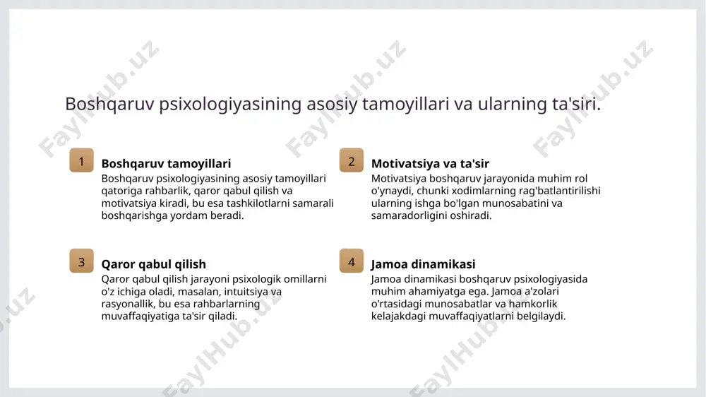 yaning jamoa ishiga ta'siri: psixologik omillar. motivatsiyaning ahamiyati psixologik omillar motivatsiya va natijalar motivatsiya jamoa ishida unumdorlikni oshiradi. jamoa a'zolarining maqsadga erishish istagi, umumiy muvaffaqiyatga olib keladi. jamoa ichidagi psixologik omillar, masalan, ishonch va o'zaro hurmat, motivatsiyani kuchaytiradi, jamoa a'zolari o'rtasidagi hamkorlikni yaxshilaydi. yuqori motivatsiya jamoa natijalarini yaxshilaydi. motivatsiyalangan jamoalar tez va samarali qarorlar qabul qilishda kuchliroq bo'ladi. jamoa dinamikasida motivatsiya: tezlik va samaradorlik. 1 motivatsiya tushunchasi motivatsiya, jamoa a'zolarining maqsadlariga erishishini ta'minlaydigan kuchdir. ularning ishga bo'lgan qiziqishini oshirishda muhim rol o'ynaydi. 2 tezlik va samaradorlik jamoalarda motivatsiya oshgani sayin, ish jarayonlari tezlashadi va samaradorlik ortadi. bu, resurslardan samarali foydalanishni ta'minlaydi. 3 jamoa ruhiyati motivatsiya jamoa ruhiyatini mustahkamlab, hamkorlikni oshiradi. o'zaro yordam va qo'llab-quvvatlash muhitini yaratish foydali. 4 o'zbekiston konteksti o'zbekistonda jamoa motivatsiyasi madaniyat va urf-odatlarga bog'liq. mahalliy qadriyatlarni hisobga olish, jamoa ishini yanada samarali qiladi. liderlik va motivatsiya: o'zaro bog'liqlik va ta'sirlar. liderlik tushunchasi liderlik, tashkilotlarda maqsadlarni belgilash va …