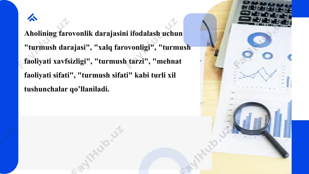an qoniqishi bo’yicha hisobga olinadi. qiymat va natural ko’rsatkichlar. qiymat ko’rsatkichlari barcha daromad ko’rsatkichlari va pul ko’rinishidagi boshqa ko’rsatkichlar (tovar aylanishi, xizmatlar, tashishlar, pul jamg’armalari va qo’yilmalari va hokazolarning hajmi)ni o’z ichiga oladi. turmush darajasini ifodalashda miqdor va sifat ko’rsatkichlari muhim ahamiyatga ega miqdor ko’rsatkichlari muayyan moddiy ne’matlar va xizmatlar iste’mol hajmini aniqlaydi. sifat ko’rsatkichlari esa aholi farovonligini sifat jihatdan baholash imkonini beradi hozirgi paytda yuzaga kelgan sharoitlarni hisobga olib, bozor iqtisodi sharoitlariga muvofiqlashtirilgan quyidagi yangi ko’rsatkichlar tizimi taklif etiladi: 1) umumlashtiruvchi ko’rsatkichlar (ichki yalpi mahsulot, iste’mol fondi, turmush qiymati indeksi va boshqalar); 2) aholi daromadlari; 3) aholi iste’moli va xarajatlari; 4) aholining pul jamg’armalari; 5) jamg’arilgan mol-mulklar va turar joylar; 6) aholining ijtimoiy tabaqalanishi; 7) aholining kam ta’minlangan tabaqalari. bozor iqtisodiyoti sharoitida aholi daromadlari va ularning turlari iqtisodiyotda bir-biriga bog’liq bo’lgan munosabatlar borki, ularni hal qilmasdan mamlakatning farovonligini oshirish mumkin emas. shular qatorida: aholi daromadlarining pasayishi; ishsizlikning paydo bo’lishi; …