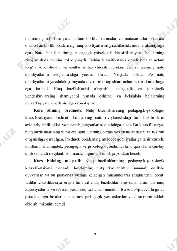 i samarali qo‘llab-quvvatlash va bu jarayonda yuzaga keladigan muammolarni aniqlashdan iborat. asosiy vazifalardan biri, nutq buzilishlarining turli turlarini aniqlash va ularning xususiyatlarini tahlil qilishdir. bu, o‘qituvchilarga va psixologlarga bolalarning individual ehtiyojlarini hisobga olib, mos pedagogik yondashuvlar va dasturlarni ishlab chiqish imkonini beradi. kurs ishining tarkibiy tuzilmasi:ushbu kurs ishi,kirish,asosiy qism,xulosa hamda foydalanilgan adabiyotlardan tashkil topgan. ii.asosiy qism 1. nutq buzilishlarining pedagogik-psixologik klassifikatsiyasi. nutq buzilishlarining pedagogik-psixologik klassifikatsiyasi muammosi bolalar rivojlanishida muhim o‘rin tutadi. nutq insonning asosiy kommunikativ vositasi bo‘lib, u orqali atrof-muhit bilan bog‘lanish, fikrlash, tushunish va axborot almashish amalga oshiriladi. nutq rivojlanishida yuzaga keladigan buzilishlar bolaning ijtimoiy moslashuvi, bilim olish jarayoni va shaxsiy rivojlanishiga jiddiy ta’sir qiladi. ushbu muammo pedagogika va psixologiya sohalarida chuqur o‘rganilib, turli yondashuvlar asosida tasniflanadi. nutq buzilishlarini pedagogik-psixologik klassifikatsiya qilish orqali ularni o‘z vaqtida aniqlash va samarali tuzatish choralarini ishlab chiqish mumkin. nutq buzilishlarining kelib chiqish sabablari ko‘p qirrali bo‘lib, ular tug‘ma yoki orttirilgan bo‘lishi mumkin. tug‘ma …