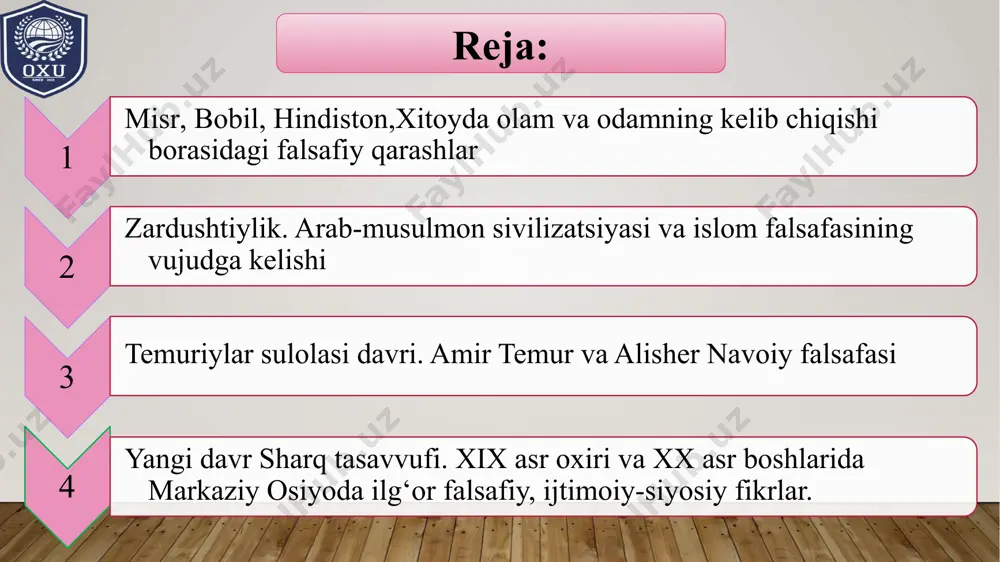 alsafaga ishora qiladi va bu umumiy atama boʻlib, turli yoʻllar bilan taʼriflanishi va ishlatilishi mumkin. bu atama keng ma’noda koinotning yaratilishi va yaratuvchining irodasiga oid islomiy matnlardan kelib chiqqan holda islomning dunyoqarashini bildiradi. boshqacha aytganda, bu islom imperiyasi davrida yoki arab-islom madaniyati va islom sivilizatsiyasi davrida gullab-yashnagan har qanday ta'lim maktabini anglatadi. tor ma'noda falsafa so'zi falasafa tarjimasi bo'lib, u maxsus tafakkur maktablarini anglatadi, ularning aksariyati platonik va aristotelchi kabi yunon falsafiy yondashuvlarining ta'siri ko'rsatgan islom falsafasi diniy masalalar bilan bog'liq emas…. islom falsafasi diniy masalalar bilan bog'liq emas va faqat musulmonlar tomonidan ishlab chiqarilgan emas. islomdagi barcha mazhablar ham falsafiy izlanishning foydali yoki qonuniyligini tan olmaydilar. ba'zilarning ta'kidlashicha, insonning cheklangan bilimi va tajribasi sizni haqiqatga olib borishi mumkinligiga ishora yo‘q. shuni ham ta'kidlash kerakki, "aql„ islomda huquq manbai sifatida tan olinadi 17 temuriylar sulolasi davri. amir temur va alisher navoiy falsafasi amir temur ibn tarag`ay bahodir (1336-1405) kesh (shahrisabz) …