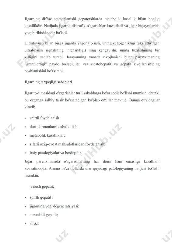 ri haqida juda ko'p ma'lumotlar mavjud, ammo qanday kasalliklar mavjudligini va ularni qanday ajratish kerakligini tushunish muhimdir. jigar kasalligi belgilari va davolash jigar funktsiyalari inson tanasining muhim organlaridan biri sifatida jigar juda ko'p turli funktsiyalarni bajaradi. u ovqat hazm qilish tizimining ishlashi uchun javobgardir, vitaminlar va minerallar uchun ombordir, gematopoez jarayonlarida faol ishtirok etadi va to'siq vazifasini bajaradi. ovqat hazm qilish tizimida tanaga oziq-ovqat bilan kiradigan oqsillar, yog'lar, uglevodlar va vitaminlar parchalanish va hazm qilish jarayoniga uchraydi va allaqachon qon oqimiga kiradi va u erda yana jigarga kiradi.parchalanadi, lekin allaqachon biokimyoviy reaktsiyalar orqali. jigarning roli oqsildan albumin, protrombin va fibrinogen hosil qilish, uglevodlarni glikogenga, yog'larni xolesteringa aylantirishdan iborat. tananing oqilona ishlashi uchun vitaminlar va minerallar zarur bo'lib, ular ushbu muhim organning hujayralarida to'planadi va tananing ishini saqlab qolish uchun o'z vaqtida chiqariladi. bundan tashqari, jigarning o'zi a va b12 kabi vitaminlarni sintez qilishga qodir. jigar to'qimalarida eritrotsitlar va boshqa qon …