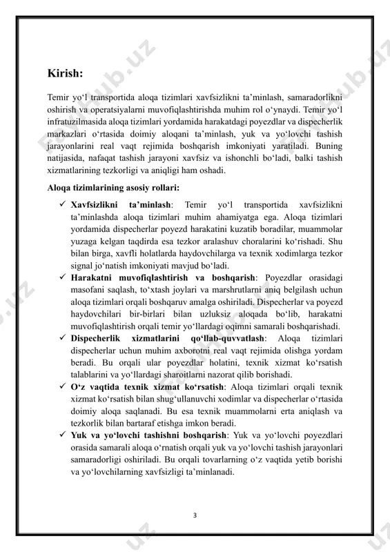uzluksiz ishlashi, poyezdlarning harakatlanish jadvaliga rioya qilish, xizmat sifatini yaxshilash va yo‘lovchilarning xavfsizligini oshirish imkonini beradi. yangi texnologiyalarni qo‘llash orqali temir yo‘l transportining samaradorligi oshadi va infratuzilmaning rivojlanishiga ko‘maklashadi. shu sababli, temir yo‘l transportida aloqa tizimlari zamonaviy va ilg‘or texnologiyalar asosida rivojlantirilishi, shu jumladan dect va dmr kabi aloqa tizimlarini joriy qilish, temir yo‘l sohasidagi xavfsizlik va samaradorlikni yanada kuchaytirishga xizmat qiladi. dect va dmr aloqa tizimlariga umumiy sharh dmr (digital mobile radio) tizimlari – bu raqamli mobil radio aloqa tizimlarining ochiq standartidir. u evropadagi telekommunikatsiya standartlarini ishlab chiquvchi etsi (european telecommunications standards institute) tomonidan ishlab chiqilgan va analog tizimlarga nisbatan bir qator afzalliklarga ega. dmr tizimlari, asosan, qo‘lda ishlatiladigan va transportda harakatlanayotgan mobil qurilmalar o‘rtasida ishonchli va sifatli aloqa o‘rnatishga mo‘ljallangan. dmr tizimi ko‘p turdagi sohalarda, jumladan, xavfsizlik xizmatlari, temir yo‘l transporti, shahar infratuzilmasi va shaxsiy foydalanish uchun keng qo‘llaniladi. dmr tizimining asosiy xususiyatlari 1. ochiq standart: dmr tizimlari …