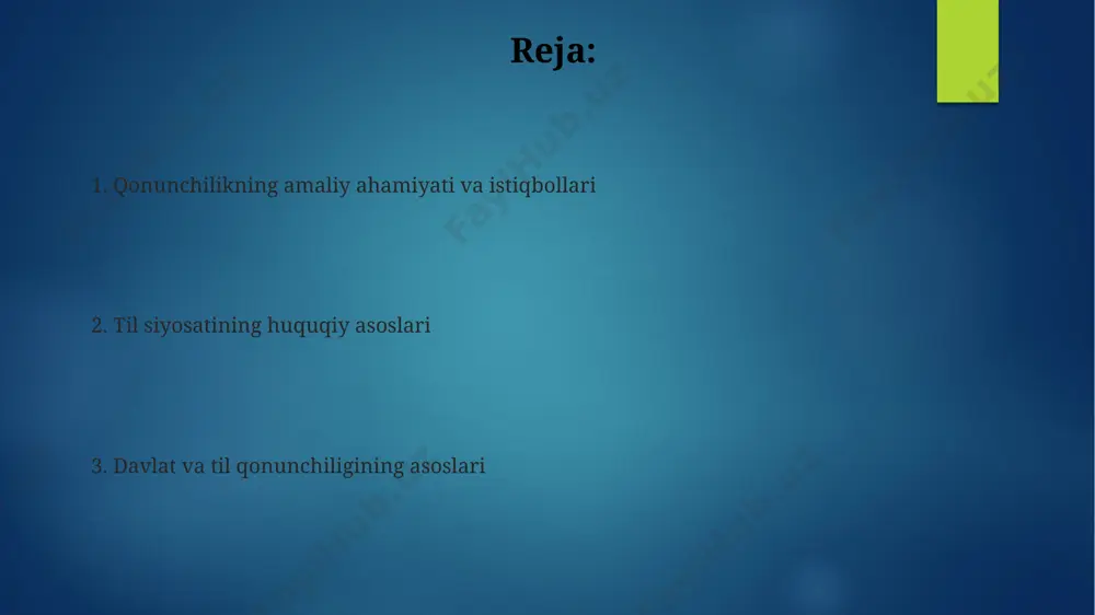 tilida gaplasha olishini inobatga olgan holda, muhim rol o'ynaydi. xulosa davlat tili qonunchiligida muhim, chunki u qonun loyihalarining 26-moddasida, shuningdek, 1989-yildagi davlat tili to'g'risidagi qonunning mazmunini umumlashtiradi. davlat tili toʻgʻrisidagi qonunlar oʻzbekiston respublikasining “davlat tili haqida”gi qonuni 1989-yil 21-oktabrda qabul qilingan boʻlib, oʻzbek tiliga davlat tili maqomini berdi va uning huquqiy asoslarini belgilab berdi. qonunning 15-moddasiga muvofiq, oʻzbekiston respublikasida ish yuritish davlat tilida amalga oshiriladi, zarur hollarda boshqa tillardan ham foydalanishga ruxsat etiladi. ushbu qonunning 4-moddasida davlat tilini oʻrganish uchun shart-sharoitlar yaratish, uni rivojlantirish va qoʻllab-quvvatlash davlat organlarining vazifasi ekanligi belgilangan. hududiy tillar toʻgʻrisidagi qonunlar hududiy tillar toʻgʻrisidagi qonunlar, masalan, 1992-yilda qabul qilingan ukraina qonuni, davlat tilidan tashqari, aholining kamida 10 foizi soʻzlashuvchi tillarni qoʻllab-quvvatlashga qaratilgan. bu qonunlar koʻpincha 2000-yillarda keng tarqalgan boʻlib, milliy til siyosatida til xilma-xilligini himoya qilish va muayyan hududlarda lingvistik huquqlarni taʼminlash maqsadini koʻzlaydi. qonunlar regionlarda rus tili va boshqa ozchilik tillarining rasmiy maqomini oʻrnatishga urinishlarni …