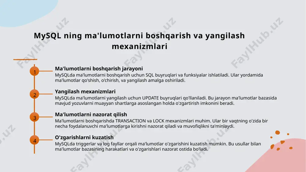 ntegratsiya imkoniyatlari mysql, php va javascript kabi texnologiyalar bilan yaxshi integratsiya qilinib, mobil va bulutli platformalarda kengaytirilgan imkoniyatlar va yuqori mavjudlik ta'minlanadi. foydalanilgan adabiyotlar 1. o'zbekiston respublikasi ta'lim vazirligi. mysql bilan ishlash bo'yicha qo'llanma. toshkent: o'zbekiston nashriyoti, 2020. 2. islomov, a. mysql ma'lumotlar bazasi tizimining asoslari. ma'lumotlar texnologiyalari jurnali, 2021. 3. qodirov, b. web rivojlantirishda mysql ning o'rni. internet va dasturlash konferensiyasi materiallari, 2019. 4. tursunov, d. ma'lumotlarni boshqarish va optimallashtirish usullari. o'zbekiston it akademiyasi, 2022. 5. yusupov, s. mysql ning ta'lim jarayonidagi ahamiyati. o'zbekiston ta'lim muassasalari jurnali, 2023. e'tiboringiz uchun rahmat! /docprops/thumbnail.jpeg