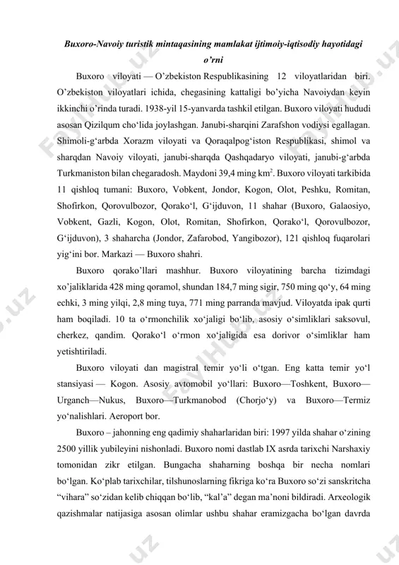 shaharning boshqa bir necha nomlari bo‘lgan. ko‘plab tarixchilar, tilshunoslarning fikriga ko‘ra buxoro so‘zi sanskritcha “vihara” so‘zidan kelib chiqqan bo‘lib, “kal’a” degan ma’noni bildiradi. arxeologik qazishmalar natijasiga asosan olimlar ushbu shahar eramizgacha bo‘lgan davrda hududning iqtisodiy va madaniy hayotida muhim rol o‘ynagan degan xulosaga keldilar. buxoro xitoydan rimgacha olib boruvchi buyuk ipak yo‘lining eng muhim chorrahalaridan birida joylashgan. hozirgi buxoro o‘zbekistonning boshqa shaharlari singari eski va yangi shaharga bo‘lingan. lekin shahar shak-shubhasiz ustunlikka ega: agar boshqa joylarda eski shahar qismida faqat tarixiy yodgorliklar bo‘lib, hech bir aholi yashamagani uchun ochiq osmon ostidagi muzey sifatida qabul qilinsa, buxoroda odamlar ming yillar ilgarigidek yashamoqdalar. bu har bir kishiga shaharning boy tarixini tasavvur qilish imkonini beradi. shaharning yangi qismida ma’muriy binolar, maktablar, institutlar va sanoat korxonalari joylashgan. siz 2500 yillik buxoroning tor ko‘chalarida kezishingiz va ko‘k gumbazli hashamatli binolar hamda kichik loysuvoq uylardan zavq olishingiz mumkin. buxoro tuprog‘ida abu –ali ibn sino, imom al …